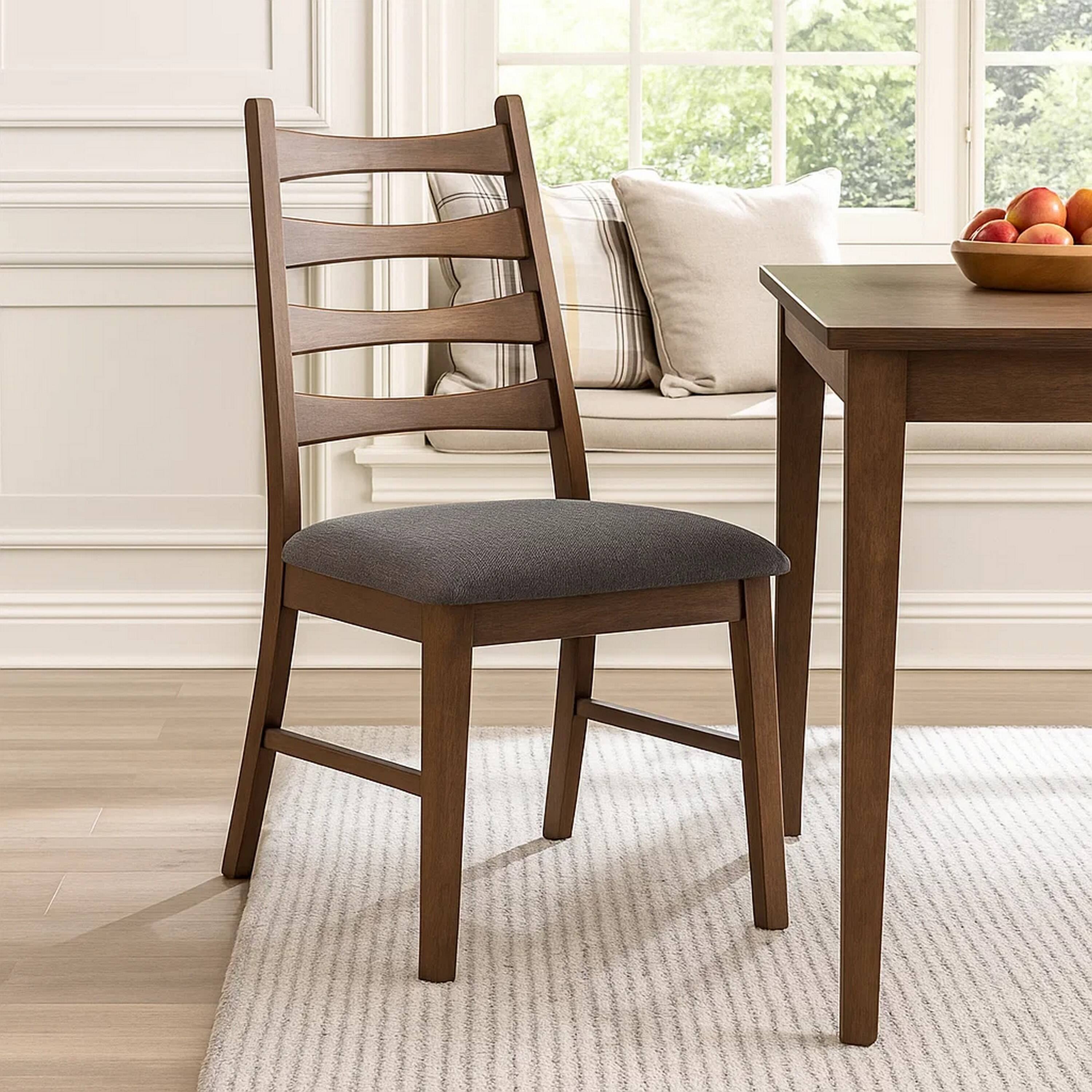 Alt View 6. Manhattan Lane - Mea Dining Side Chair Set of 2, Slatted, Dark Gray Linen Seat - Dark Gray, Walnut Brown.