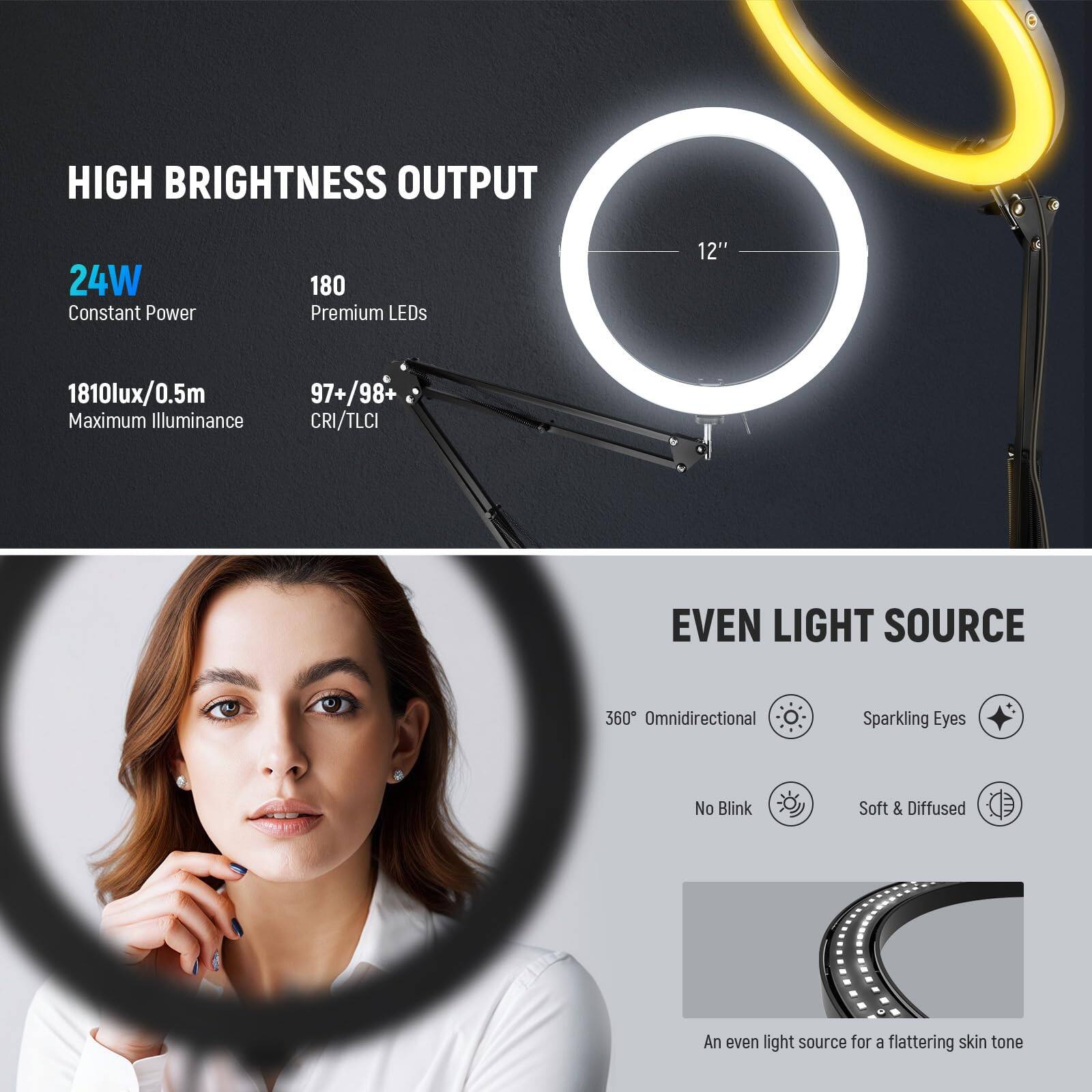 HIGH BRIGHTNESS OUTPUT  
24W Constant Power  
180 Premium LEDs  
12"  
1810lux/0.5m Maximum Illuminance  
97+/98 CRI/TLCI  

EVEN LIGHT SOURCE  
360° Omnidirectional  
Sparkling Eyes  
No Blink  
Soft & Diffused  

An even light source for a flattering skin tone