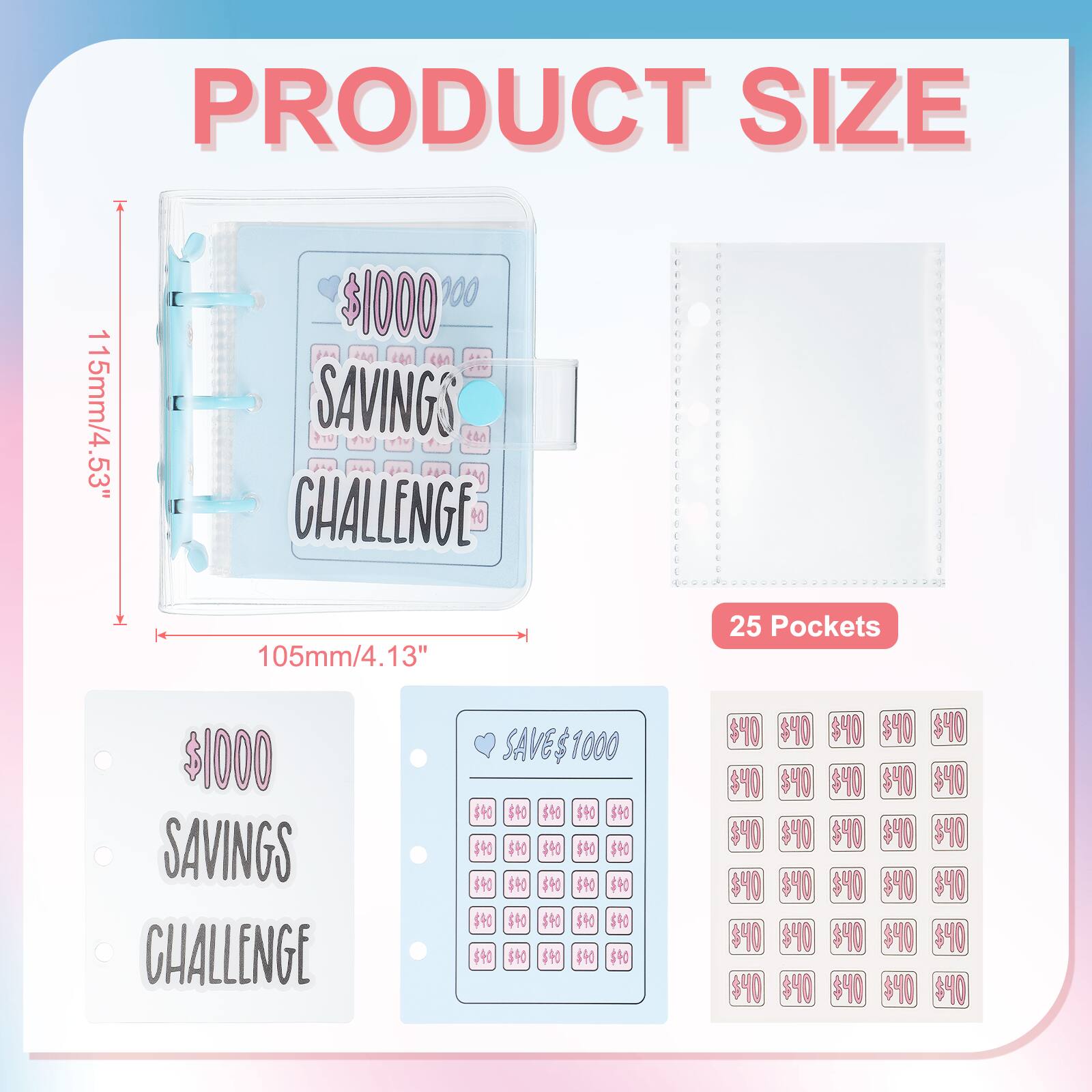 PRODUCT SIZE 115mm/4.53"  
$10000 SAVINGS CHALLENGE  
105mm/4.13"  
25 Pockets  
$1000 SAVINGS CHALLENGE  
SAVE $1000  
$40 $40 $10 $10 $40 $40 $10 $40 $10 $40 $40 $40 $10 $10 $40 $40 $40 $40 $40 $40 $40 $40 $40 $40 $40 $40 $40 $40 $40 $40 $40 $40 $40 $40 $40 $40 $40 $40 $40