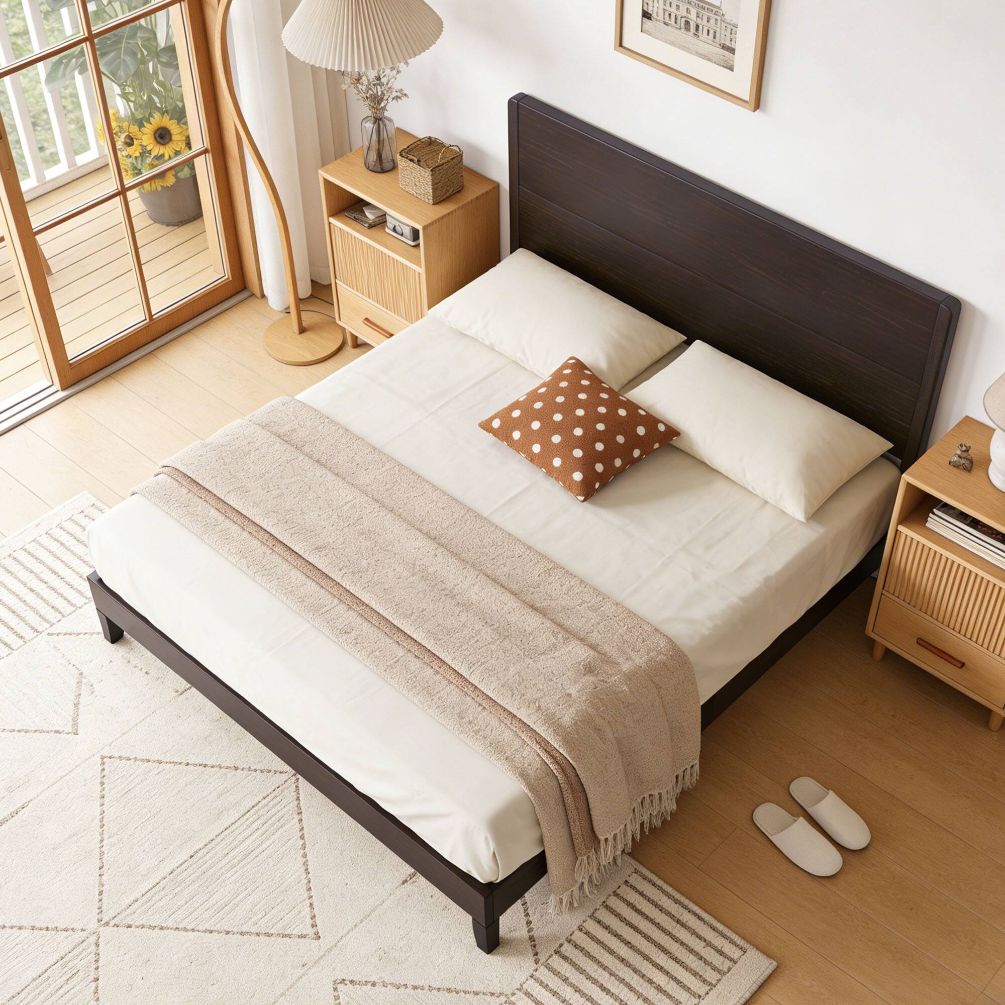 Alt View 5. Vipbear - Q/K Wooden Bed Frame with Tall Headboard, Platform Bed Frame with Slat Support, No Box Spring Needed, Easy Assembly - Brown.
