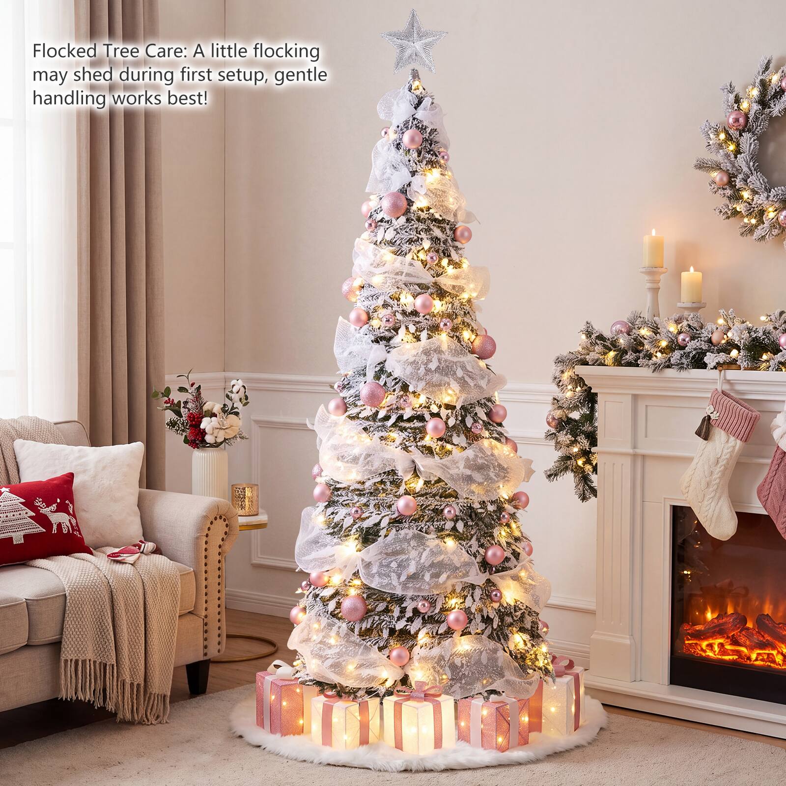 Flocked Tree Care: A little flocking may shed during first setup, gentle handling works best!