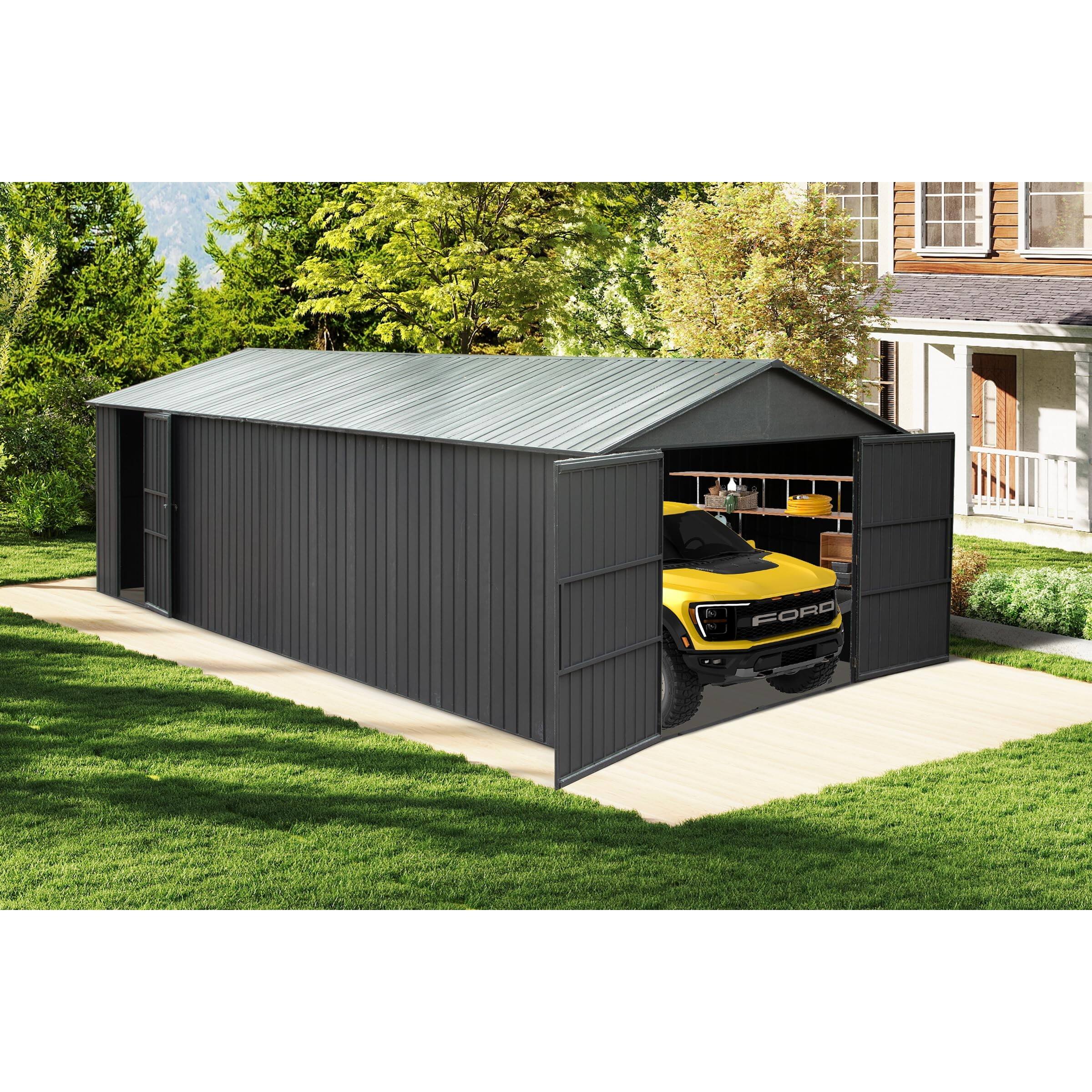 Angle. Mondawe - 12x20FT Metal Garage Shed, Heavy-Duty Carport with Lockable Double Doors - Dark Gray.