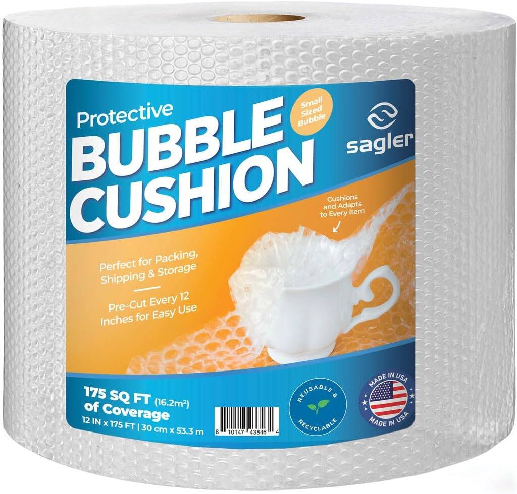 Protective BUBBLE CUSHION

Small Sized Bubble

sagler

Cushions and Adapts to Every Item

Perfect for Packing, Shipping & Storage

Pre-Cut Every 12 Inches for Easy Use

175 SQ FT (16.2m²) of Coverage

12 IN x 175 FT | 30 cm x 53.3 m

REUSABLE & RECYCLABLE

MADE IN USA

MADE IN USA