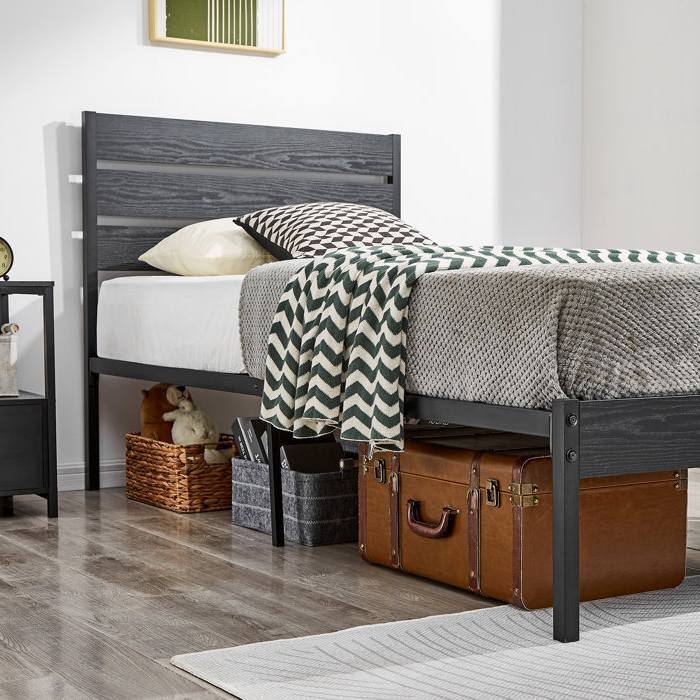 Back. Hivvago - Hivvago Twin size Industrial Platform Bed Frame with Wood Slatted Headboard - Black.