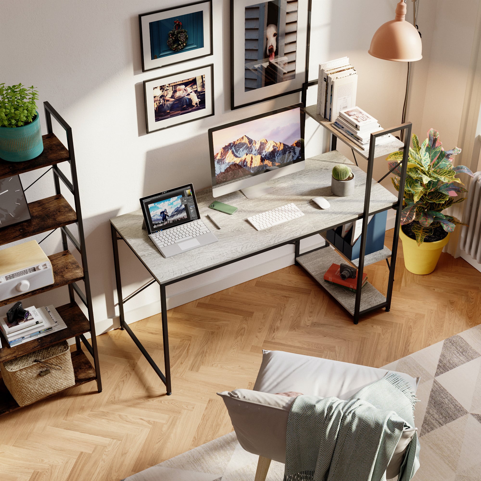Bestier - Modern Office Desk with Storage Shelf, Headset Hook, and Reversible Bookshelf - 56" wide - Light Oak