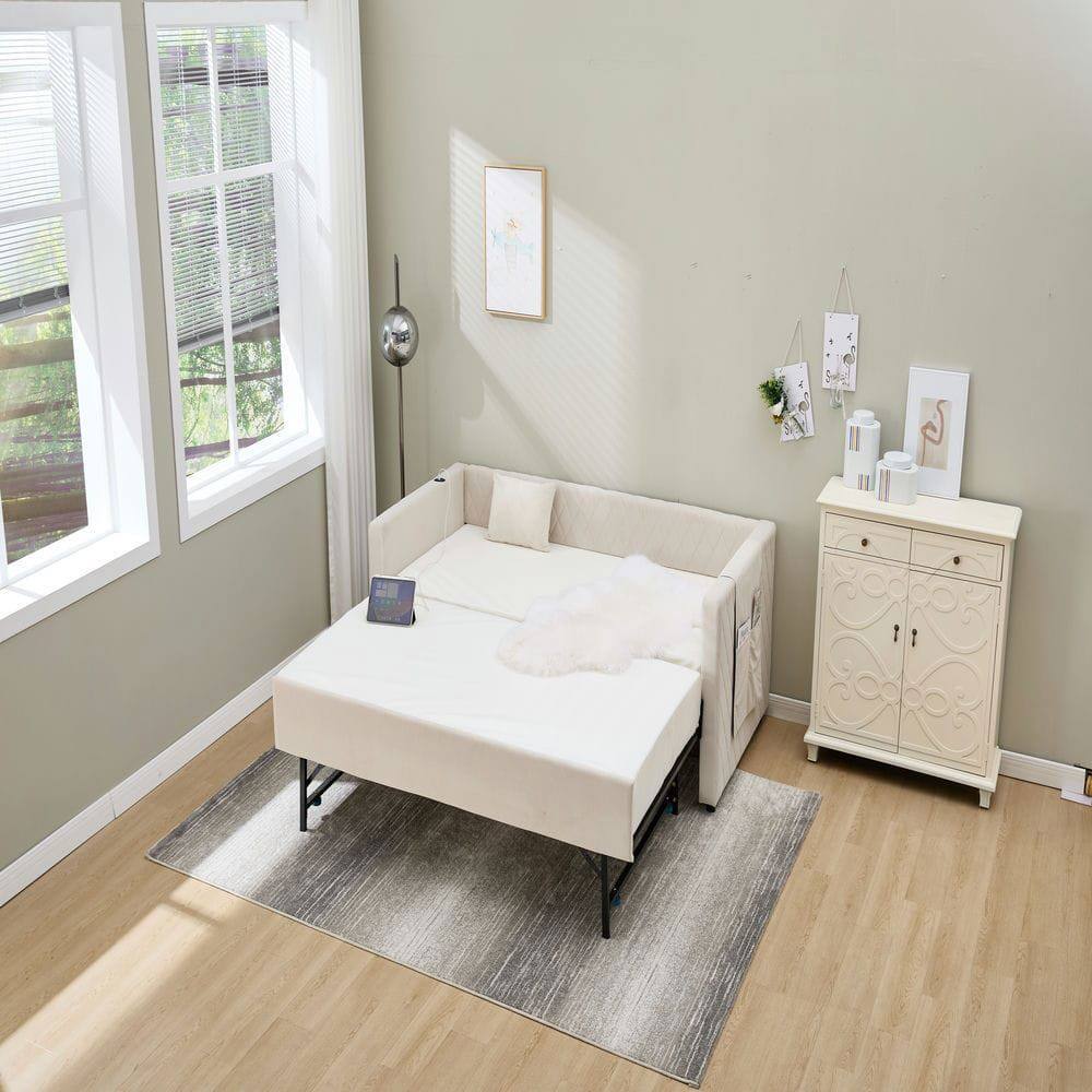 Left. Kadyn - Velvet Daybed with Sturdy Wood Frame, Modern Diamond Grid Pull-Out Design for Bedroom Living Room - Beige.