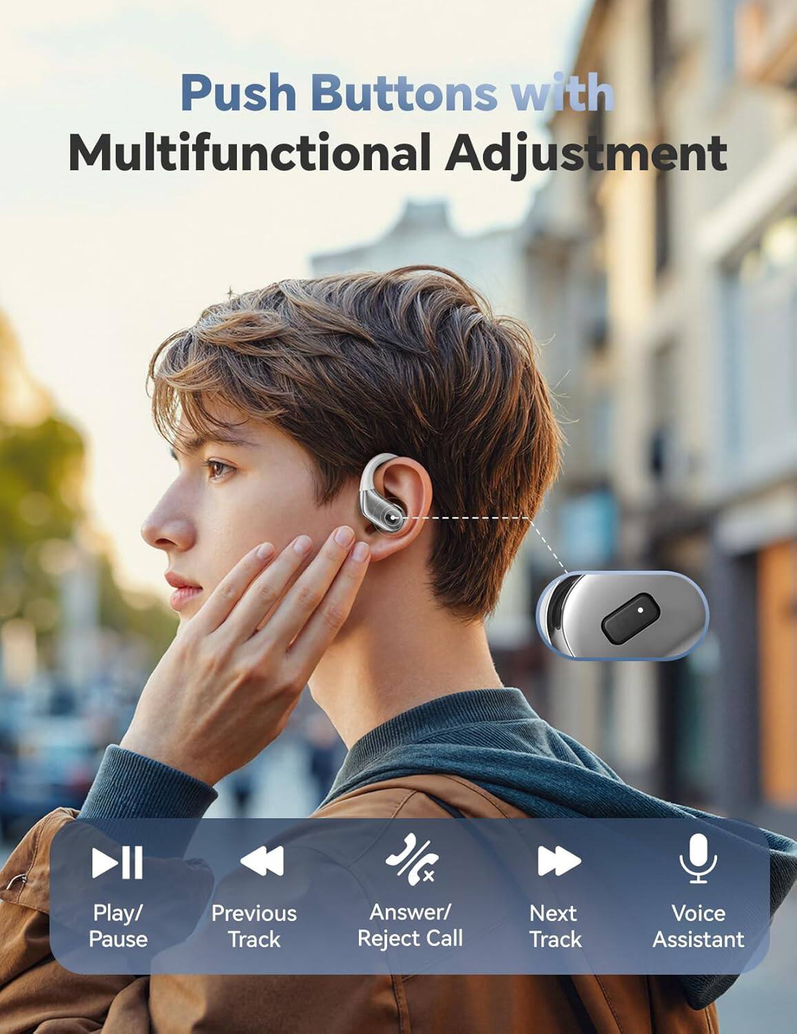 Push Buttons with Multifunctional Adjustment

- Play/ Pause
- Previous Track
- Answer/ Reject Call
- Next Track
- Voice Assistant