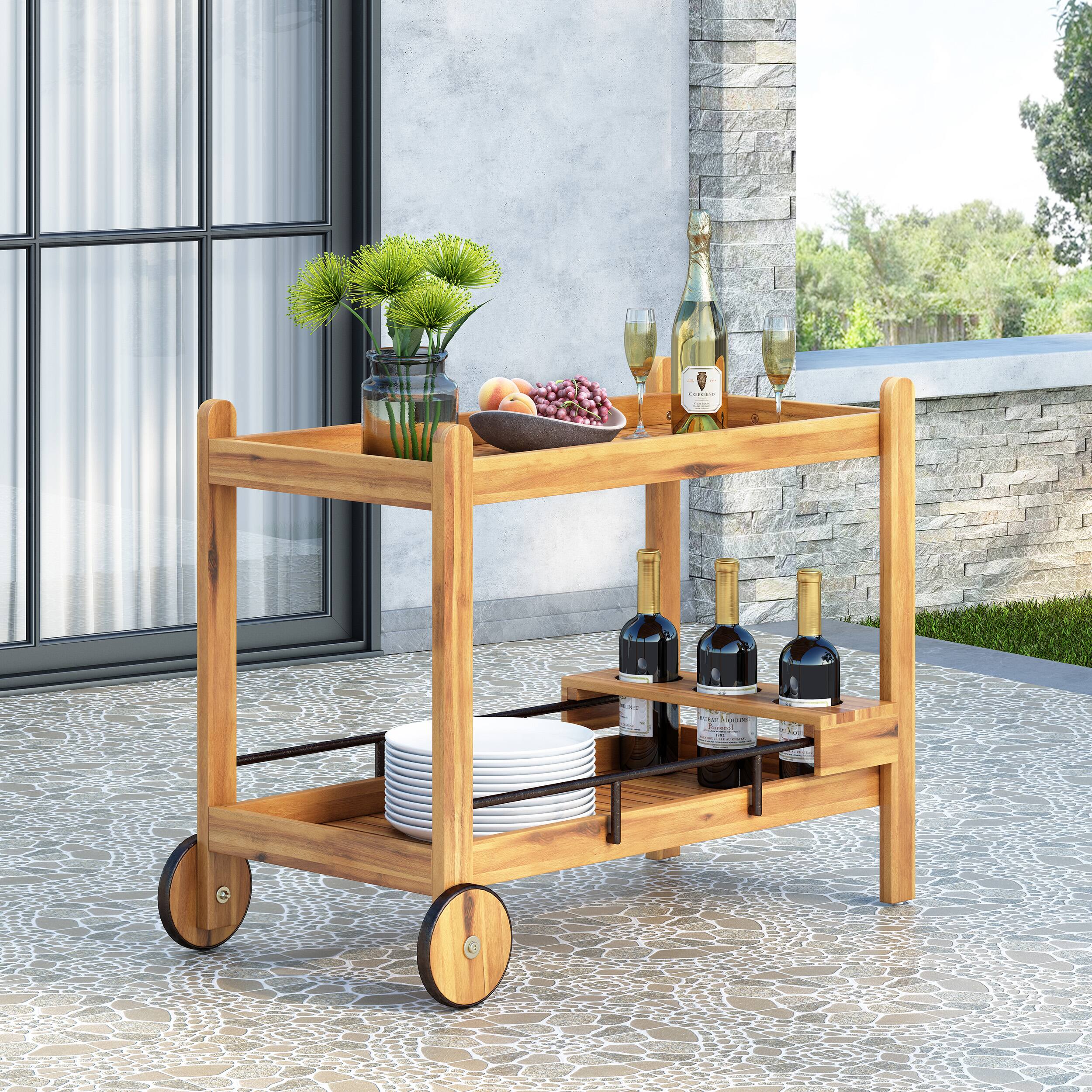Front. APRILSOUL - Acacia Wood Slat Bar Cart Wheels Wine Bottle Holder Rolling Rustic Serving Trolley - Black.