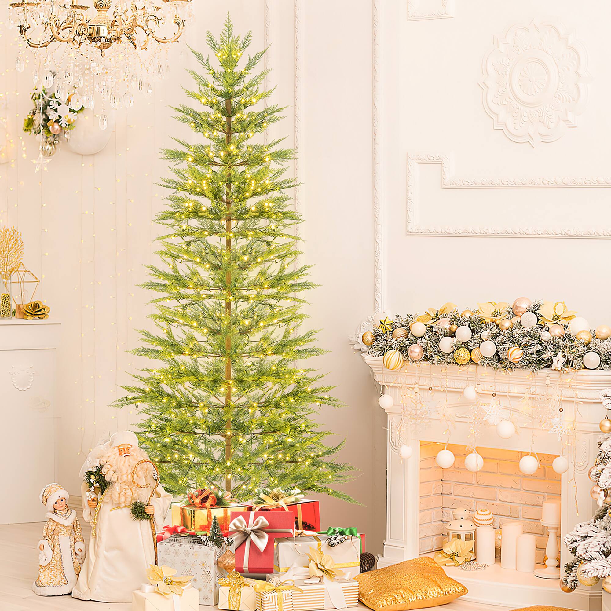 Alt View 3. Gymax - Gymax 7.5 FT Pre-Lit Artificial Christmas Tree Simulated Cypress Xmas Tree w/ Hinges - Green.