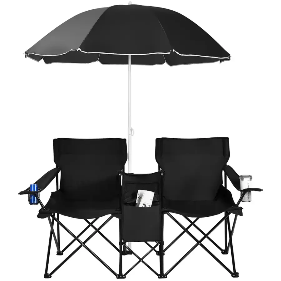 Alt View 18. Costway - Portable Folding Picnic Double Chair W/Umbrella Table Cooler Beach Camping Black - Black.