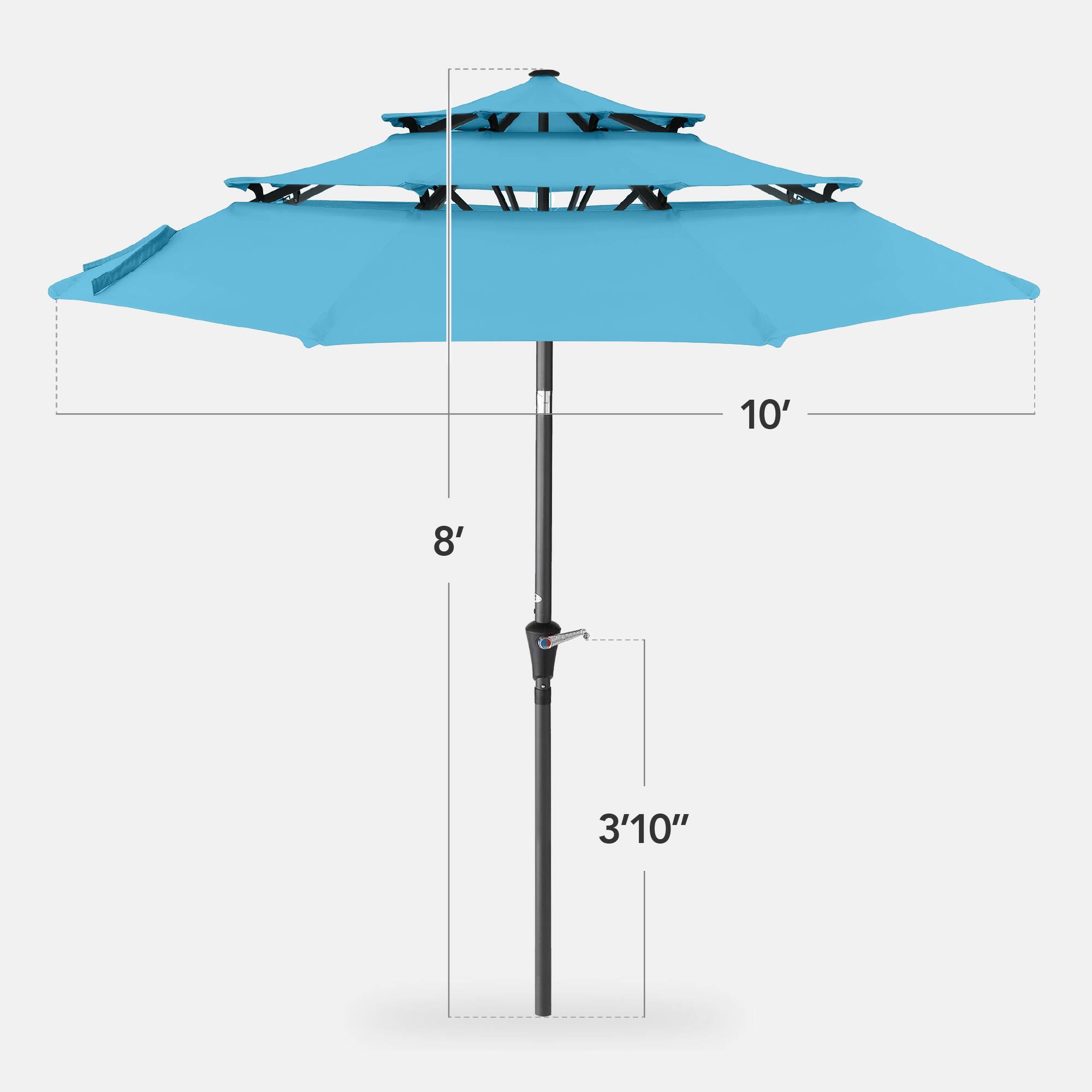 The dimensions of the umbrella are:

- Width: 10 feet
- Depth: 8 feet
- Height: 3 feet 10 inches