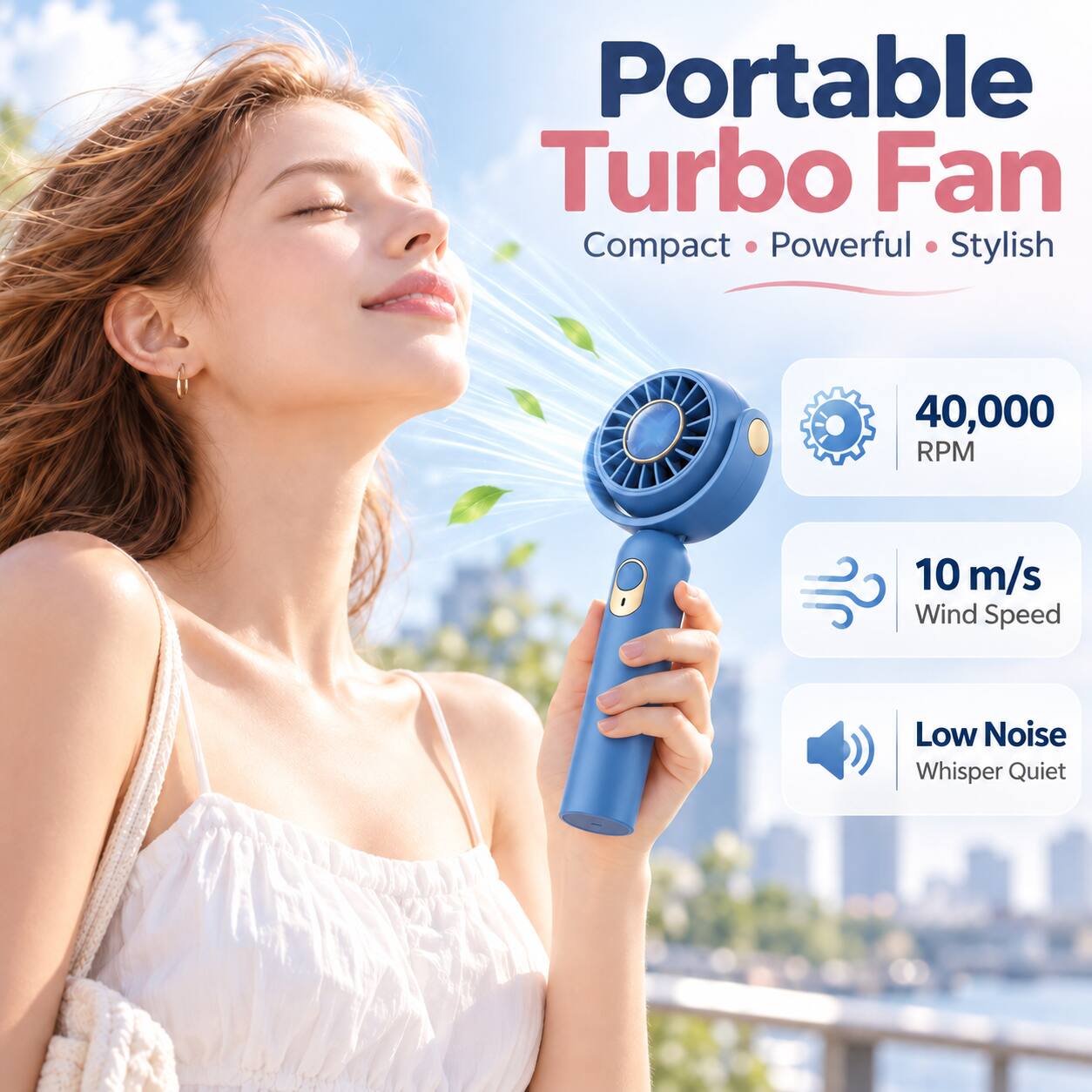 Portable Turbo Fan  
Compact • Powerful • Stylish  

40,000 RPM  
10 m/s Wind Speed  
Low Noise Whisper Quiet