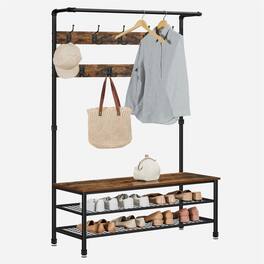 Songmics Home - 3-in-1 Entryway Coat Rack and Storage Bench, Pipe Style Hall Tree with 9 Hooks, Multifunctional, Sturdy Steel Frame - Rustic Brown and Black