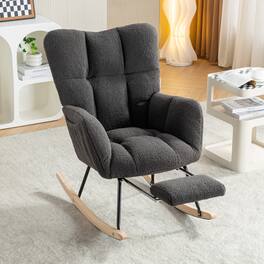 Anysun - Teddy Fabric Rocking Chair with Adjustable Footstool - High Back, Storage Pocket, Solid Wood & Metal Base - Dark Gray