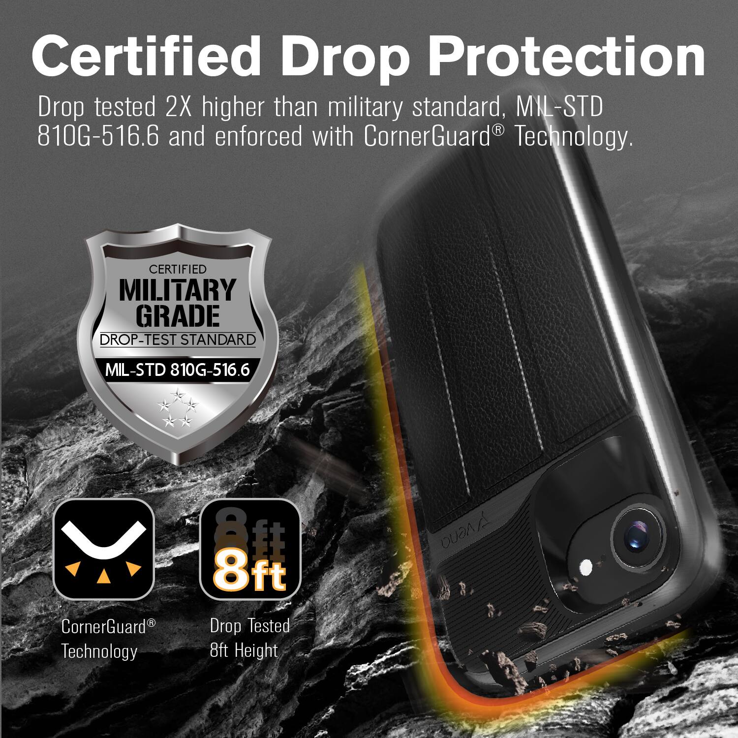 Certified Drop Protection, Drop tested 2X higher than military standard, MIL-STD 810G-516.6 and enforced with CornerGuard Technology. CERTIFIED MILITARY GRADE DROP-TEST STANDARD MIL-STD 810G-516.6 CornerGuard Technology 8ft Drop Tested 8ft Height
