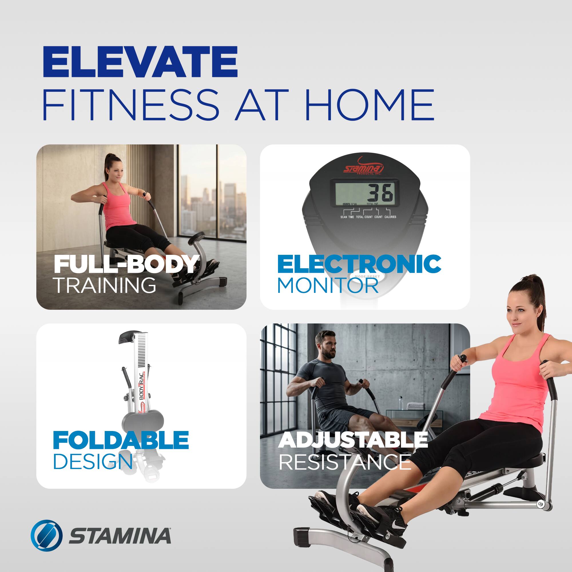 ELEVATE FITNESS AT HOME

- FULL-BODY TRAINING
- ELECTRONIC MONITOR
- FOLDABLE DESIGN
- ADJUSTABLE RESISTANCE

STAMINA