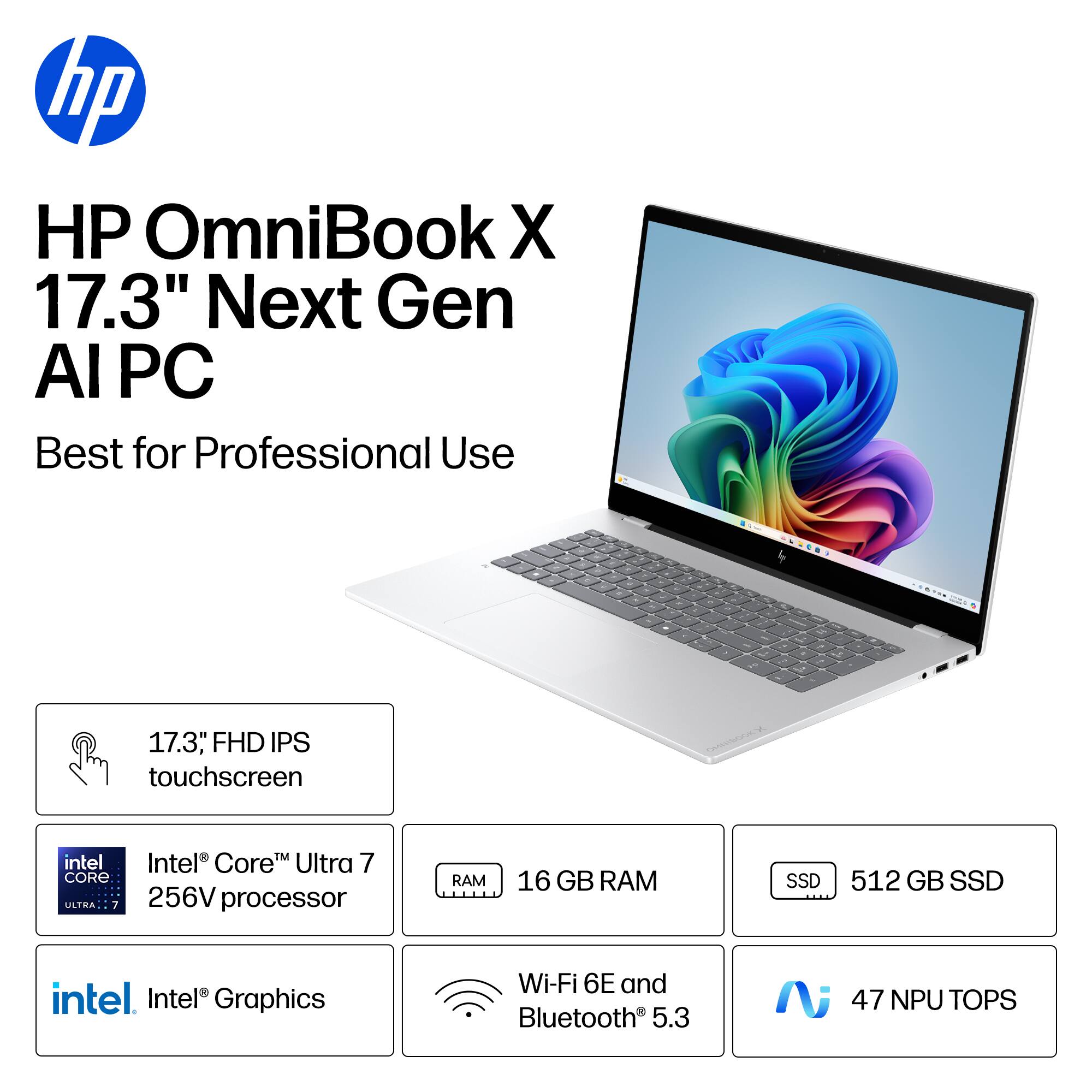 HP OmniBook X 17.3" Next Gen AI PC  
Best for Professional Use  

- 17.3" FHD IPS touchscreen  
- Intel® Core™ Ultra 7 256V processor  
- 16 GB RAM  
- 512 GB SSD  
- Intel® Graphics  
- Wi-Fi 6E and Bluetooth® 5.3  
- 47 NPU TOPS
