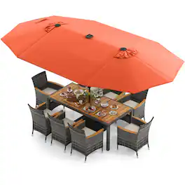 Costway - 11 PCS Patio Dining Set with 15 ft Double-Sided Patio Umbrella 8 Armchairs - Mix Gray,Beige,Orange