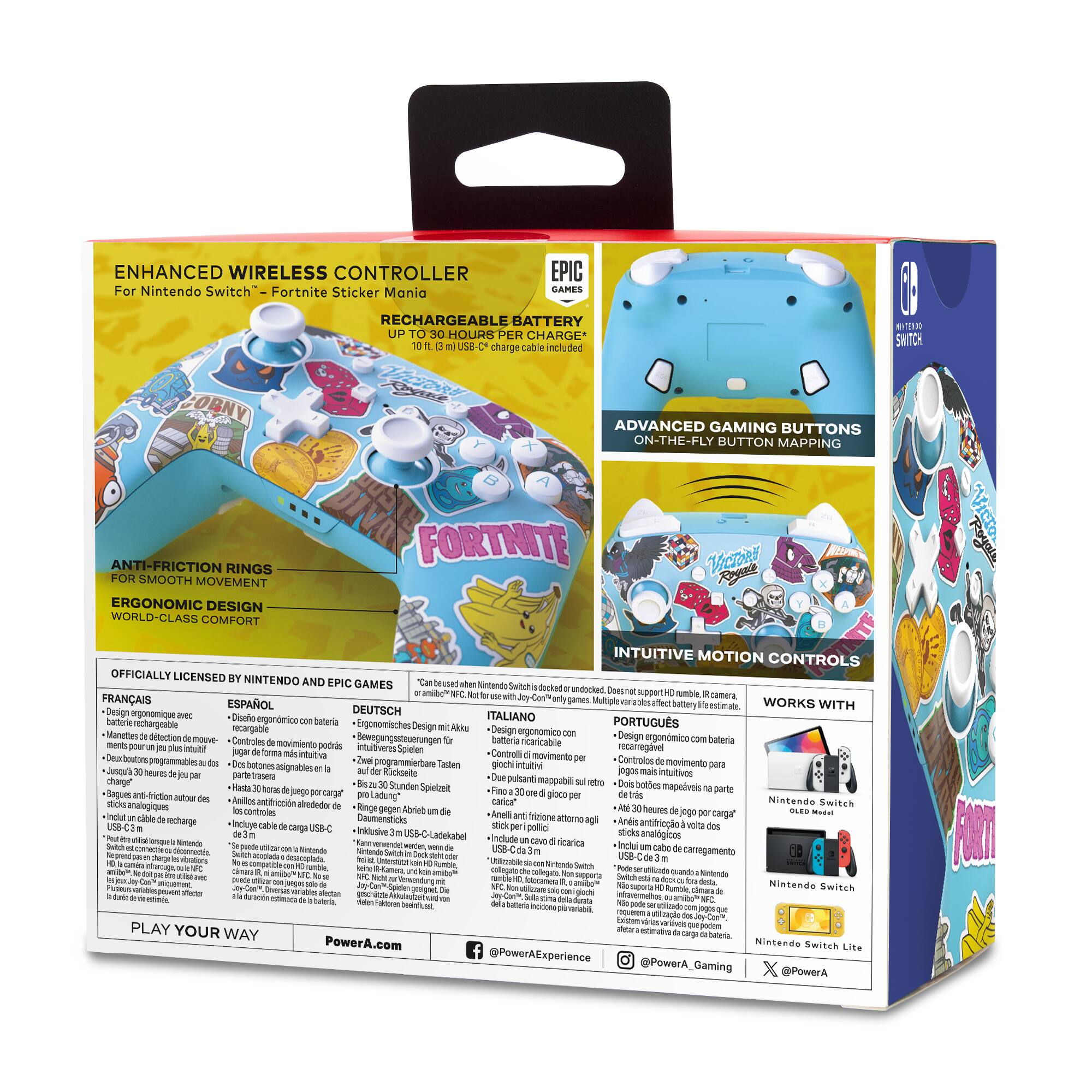 The Enhanced Wireless Controller for Nintendo Switch is a product that comes with a box that contains a controller, a USB-C charge cable, and a Fortnite Sticker Mania game. The controller is designed with ergonomics in mind, featuring an anti-friction ring for smooth movement and advanced gaming buttons. The box also includes a rechargeable battery that can last for hours per charge. The controller is compatible with the Nintendo Switch and is officially licensed by both Nintendo and Epic Games. The box also contains a guide on how to use the controller, making it easy for users to get started.