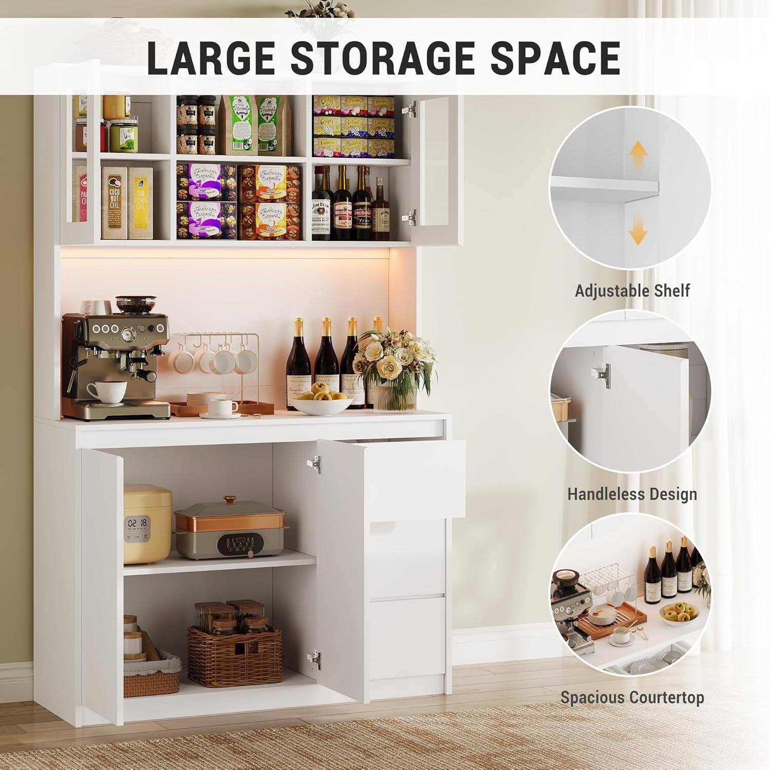 LARGE STORAGE SPACE

- Adjustable Shelf
- Handleless Design
- Spacious Courtertop