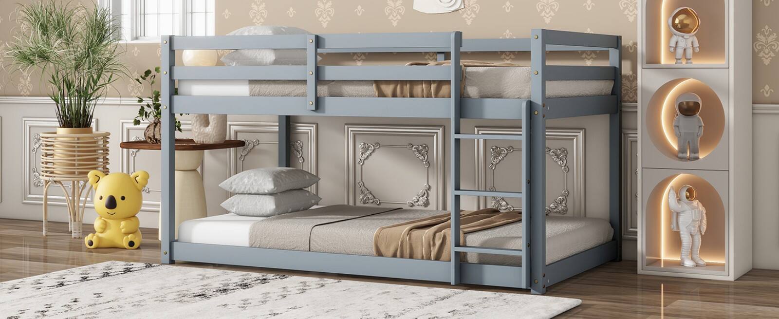 Alt View 8. Ecooso - Solid Wooden, Solid Rubber Wooden Twin over Twin Floor Bunk Bed with Ladder, with Bed Platform of Strengthened Slats - Grey.