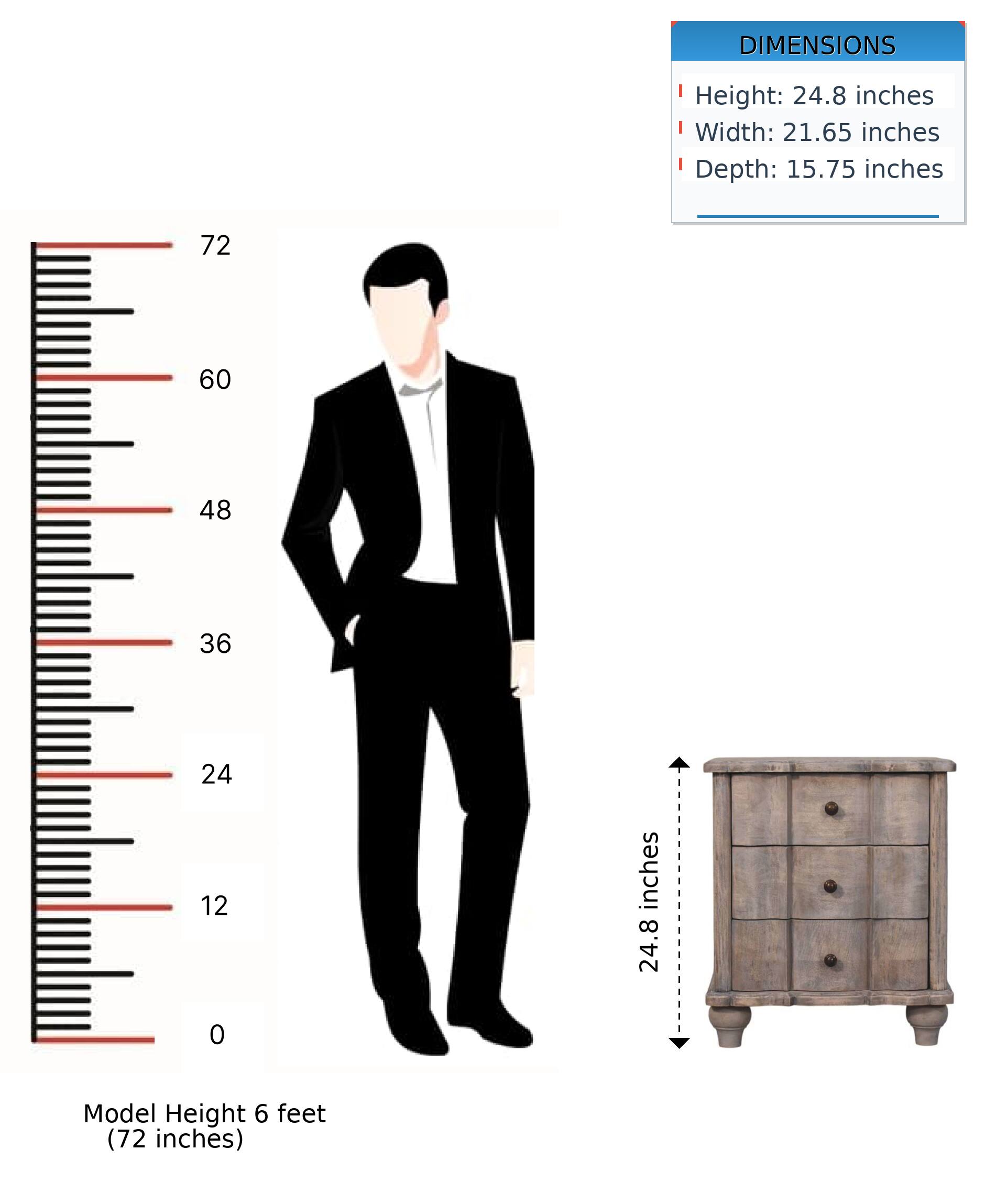 DIMENSIONS  
Height: 24.8 inches  
Width: 21.65 inches  
Depth: 15.75 inches  

Model Height 6 feet (72 inches)