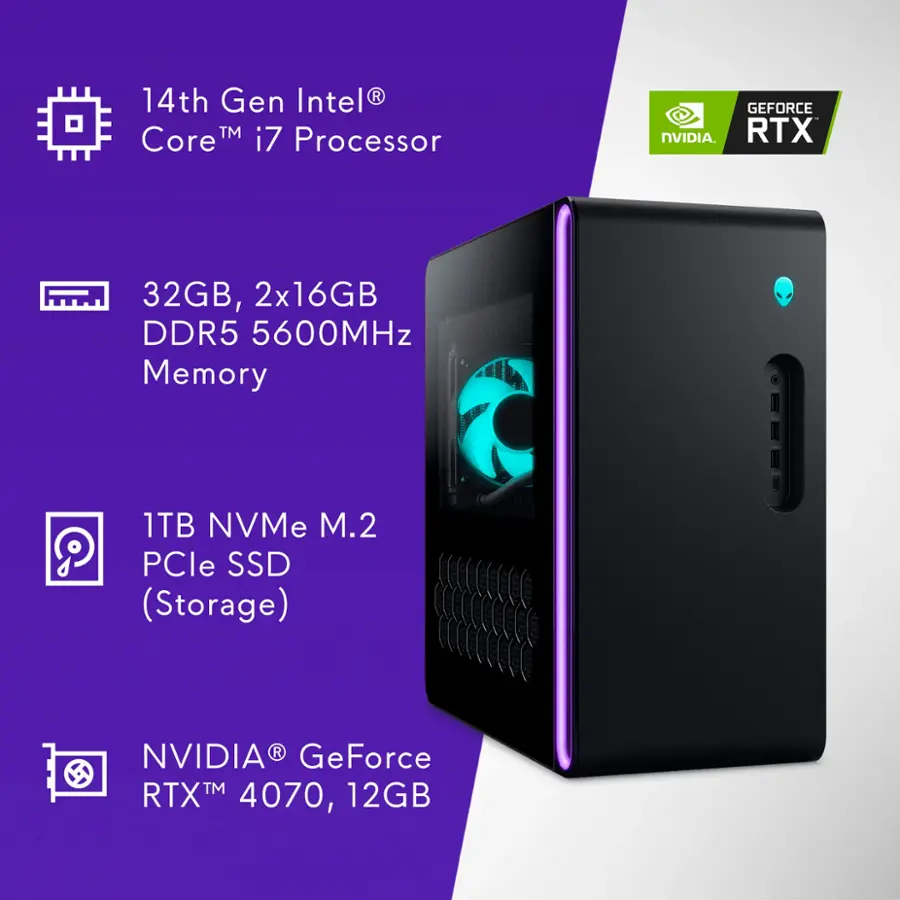 The text on the image is grouped and corrected as follows:

14th Gen Intel Core i7 Processor
1TB NVMe M.2 PCle SSD (Storage)
NVIDIA GeForce RTX 3080, 12GB
32GB, 2x16GB DDR5 5600MHz Memory
