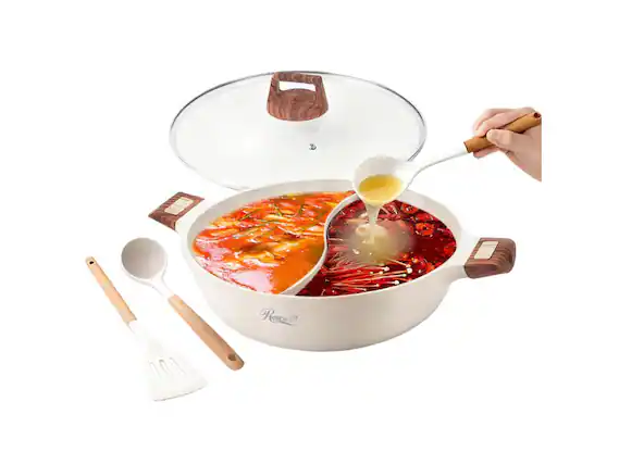 Front. Rosewill - Rosewill 4.2QT Double Flavor Shabu Shabu Hot Pot with Divider, 13" for Induction, Gas, Electric - Beige - Beige.