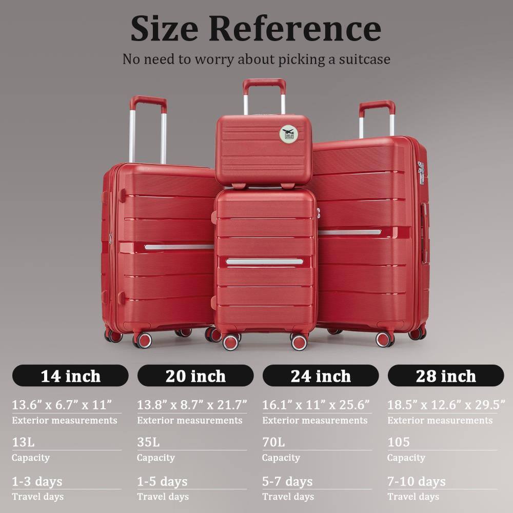 **Size Reference**  
No need to worry about picking a suitcase

- **14 inch**  
  - Exterior measurements: 13.6" x 6.7" x 11"  
  - Capacity: 13L  
  - Travel days: 1-3 days

- **20 inch**  
  - Exterior measurements: 13.8" x 8.7" x 21.7"  
  - Capacity: 35L  
  - Travel days: 1-5 days

- **24 inch**  
  - Exterior measurements: 16.1" x 11" x 25.6"  
  - Capacity: 70L  
  - Travel days: 5-7 days

- **28 inch**  
  - Exterior measurements: 18.5" x 12.6" x 29.5"  
  - Capacity: 105L  
  - Travel days: 7-10 days