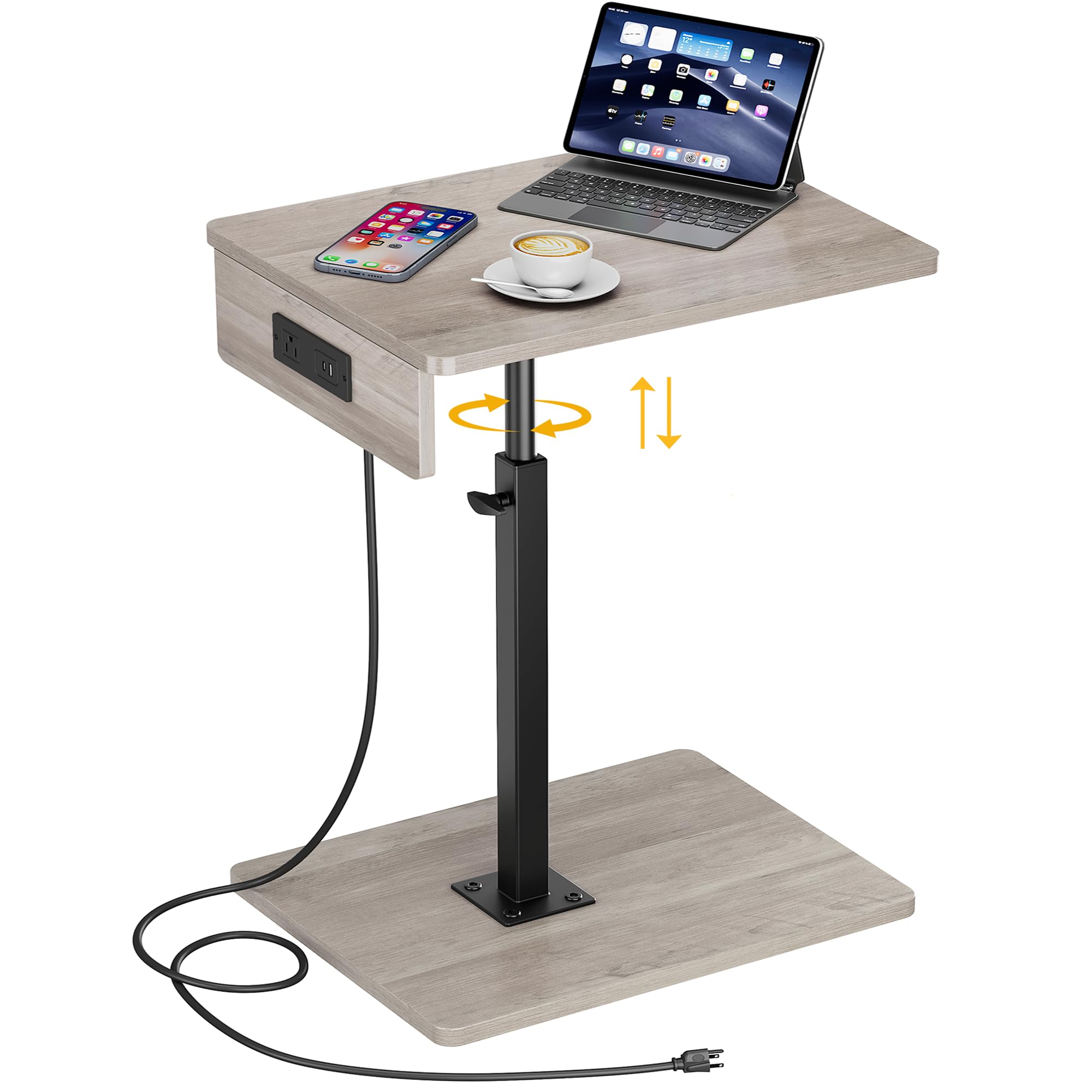 Fabibe - C Shaped End Table With Charging Station Adjustable Height 360°swivel Tv Tray For Small Spaces Rounded - Greige 16"D x 12"W x 18-32.5"H