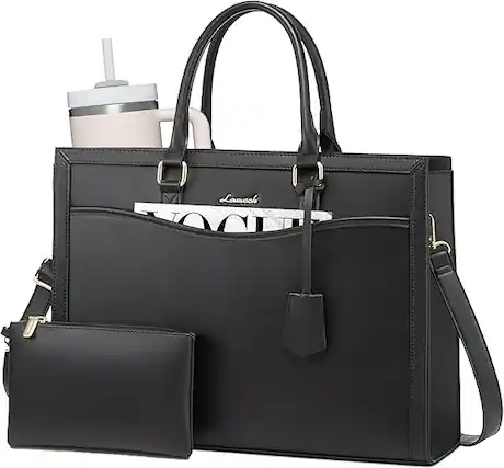 Front. Vulpecula Spade - Laptop Tote Bag for Women, Office Work Bag Briefcase fit for 15.6 inch Laptop, Large Capacity Teacher Bag Handbag - Leather/Black.