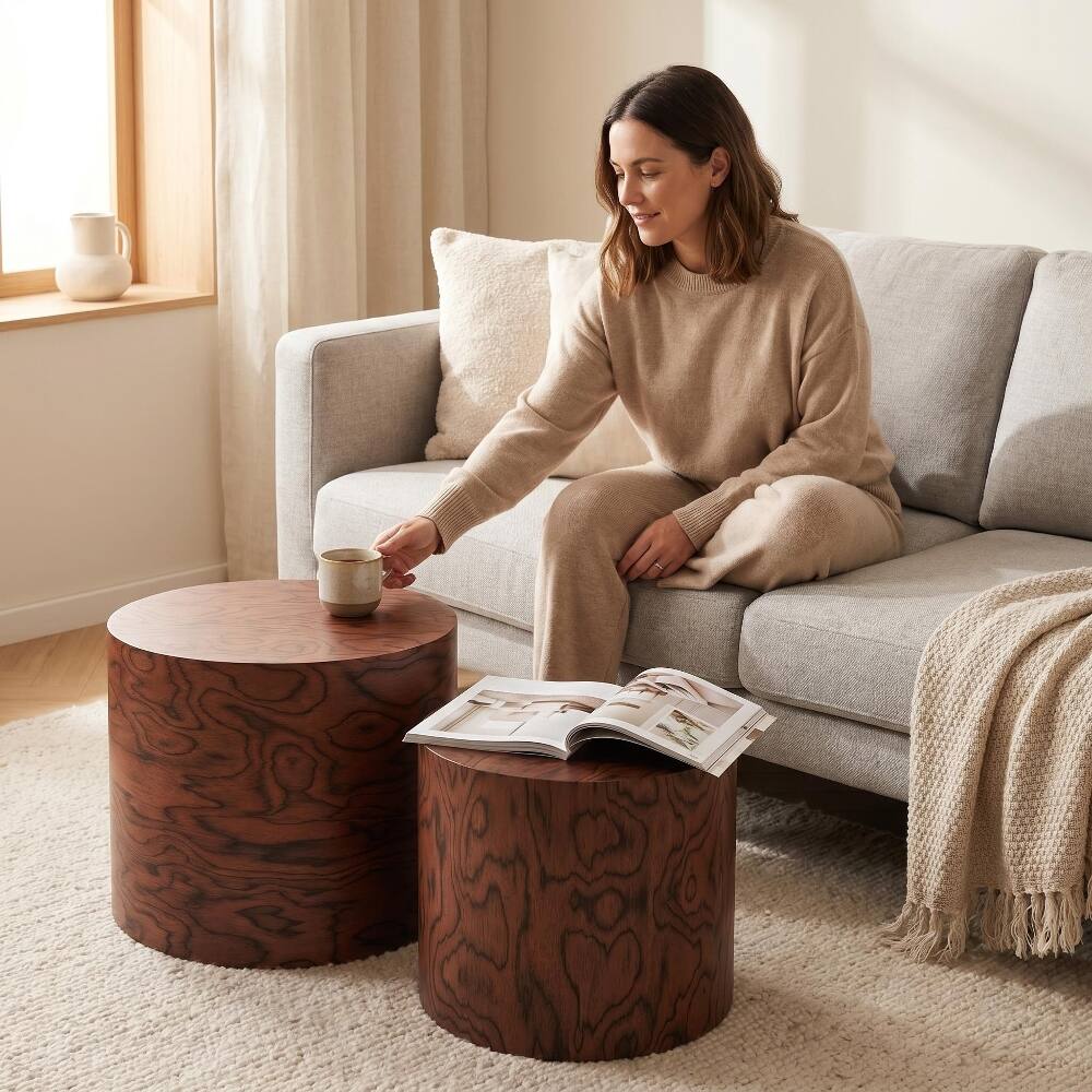 Back. Loheer - Loheer 2-Piece Nesting Round Coffee Table Set Tree Stump Drum Accent Side Table No Assembly Brown Pommele - Brown.