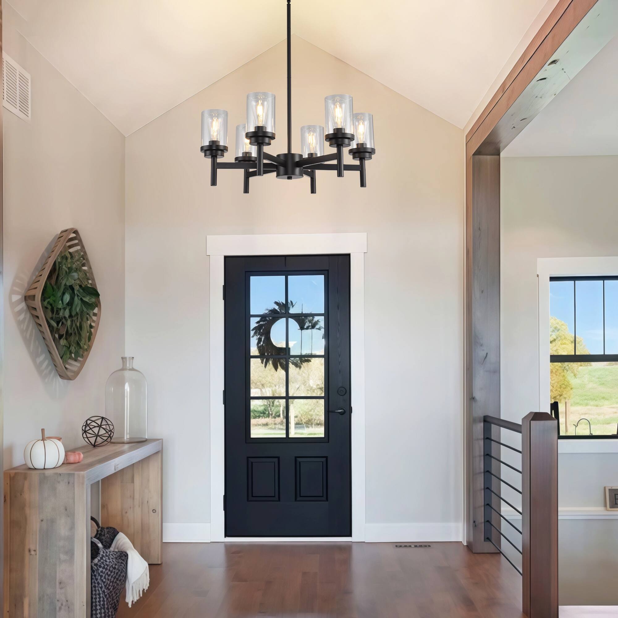 Alt View 2. RYHNUYNE - 6-Light Dining Room Light Fixtures Over Table,Black Farmhouse Glass Chandelier,Industrial Lighting for Living Room Foyer - Black.