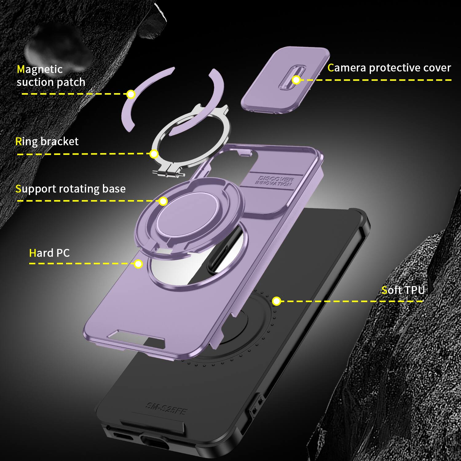 Magnetic suction patch  
Camera protective cover  
Ring bracket  
Support rotating base  
Hard PC  
Soft TPU  
SM-S25FFE