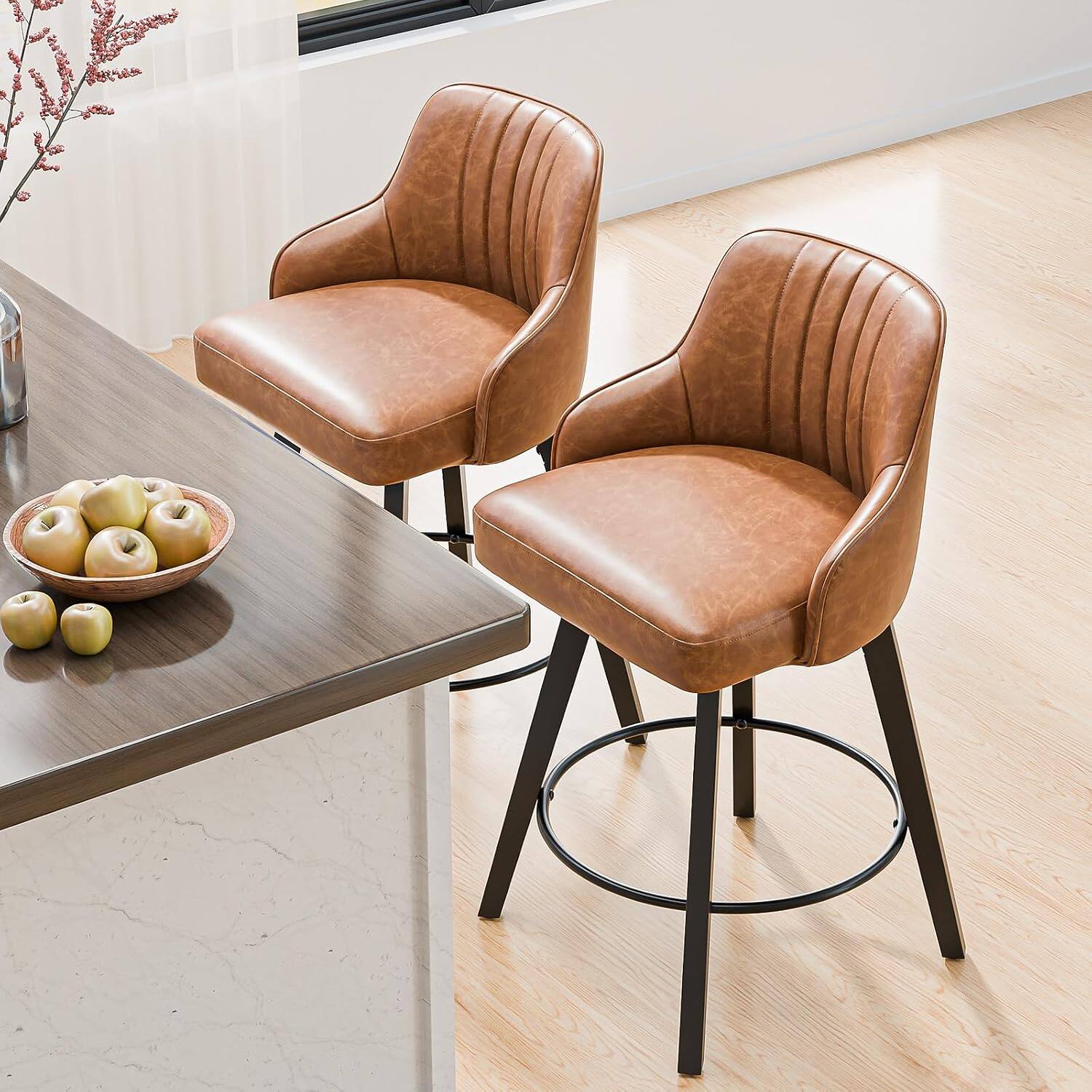 Alt View 4. Winado - 24" H Swivel Barstools Counter Height Bar Stool Modern Counter Stool with Back, Kitchen High Chairs,Solid Wood Legs - Brown Pu-Set of 1.