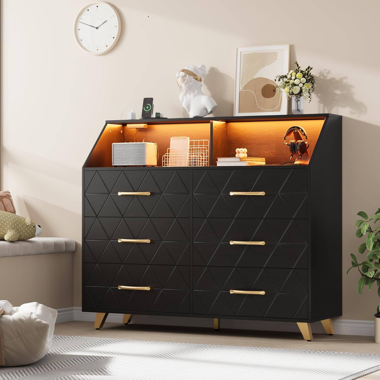 Alt View 3. GARVEE - 47" Dresser with 6 Drawers, Lighted Modern Chest Cabinet with Storage Shelf and 5 Metal Legs for Bedroom or Living Room - ‎Black.