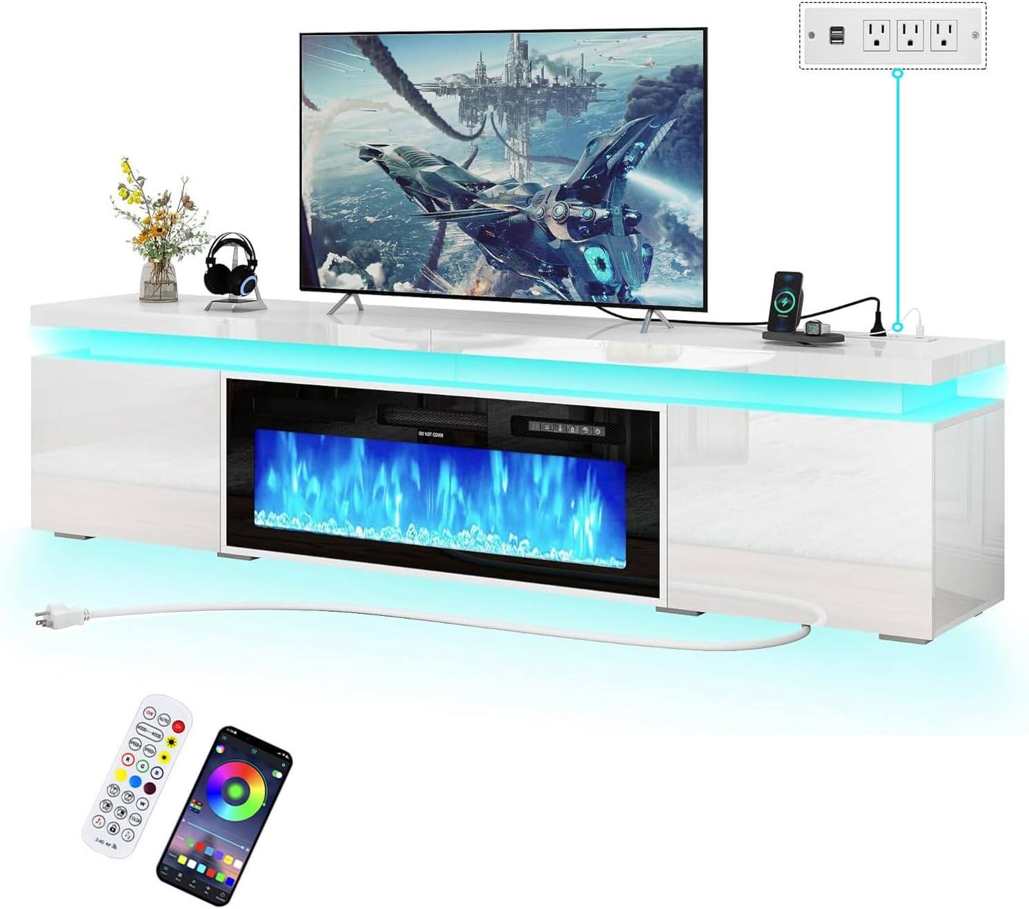 Left. Espafurni - 83inch Modern High Gloss Fireplace TV Stand with Power Outlet Storage for up to 95" TVs - White.
