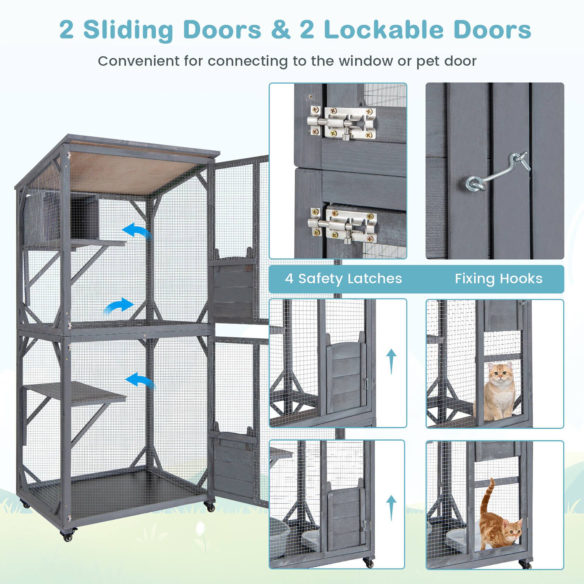 2 Sliding Doors & 2 Lockable Doors  
Convenient for connecting to the window or pet door  

4 Safety Latches  
Fixing Hooks