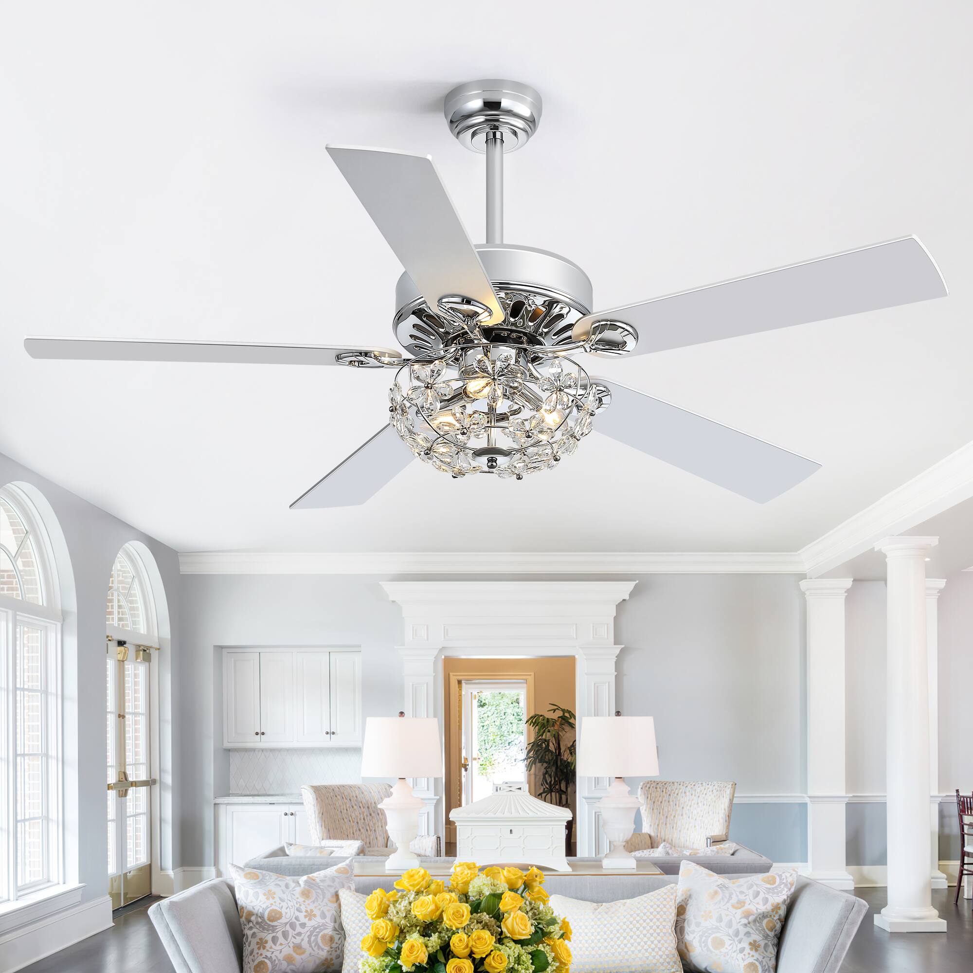 Left. Breezary - 52-Inch Crystal Chandelier Ceiling Fan with 5 Reversible Blades, 6-Speed Remote, Timer, 5"/10" Downrod Mount - chrome and silver.