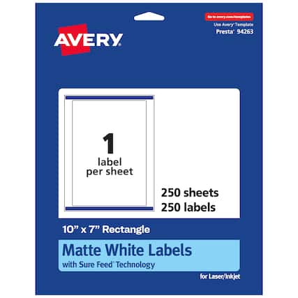 Go to avery.com/templates
AVERY
Use Avery Template Presta 94263
1 label per sheet
250 sheets
250 labels
10" x 7" Rectangle Matte White Labels with Sure Feed Technology for Laser/Inkjet