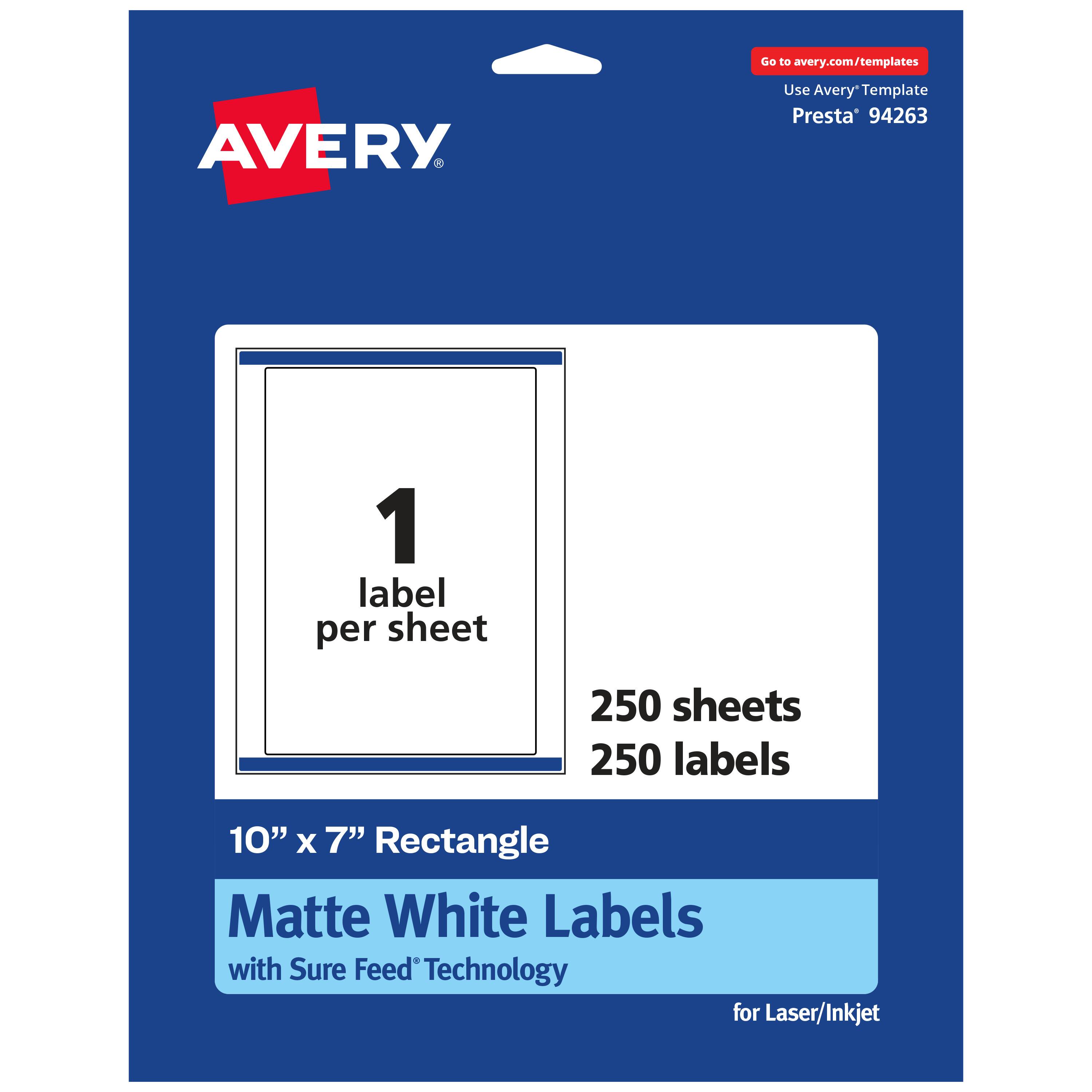 Go to avery.com/templates

AVERY

Use Avery Template Presta 94263

1 label per sheet

250 sheets

250 labels

10" x 7" Rectangle Matte White Labels with Sure Feed Technology for Laser/Inkjet