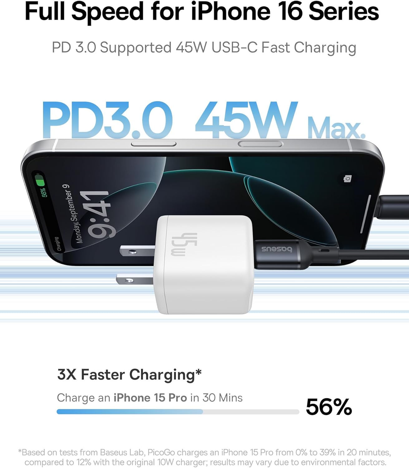 Full Speed for iPhone 16 Series
PD 3.0 Supported 45W USB-C Fast Charging
PD3.0 45W Max.
9 56% September 9:41 Charging Monday, 45u E baseus
3X Faster Charging*
Charge an iPhone 15 Pro in 30 Mins 56%
*Based on tests from Baseus Lab, PicoGo charges an iPhone 15 Pro from 0% to 39% in 20 minutes, compared to 12% with the original 10W charger; results may vary due to environmental factors.