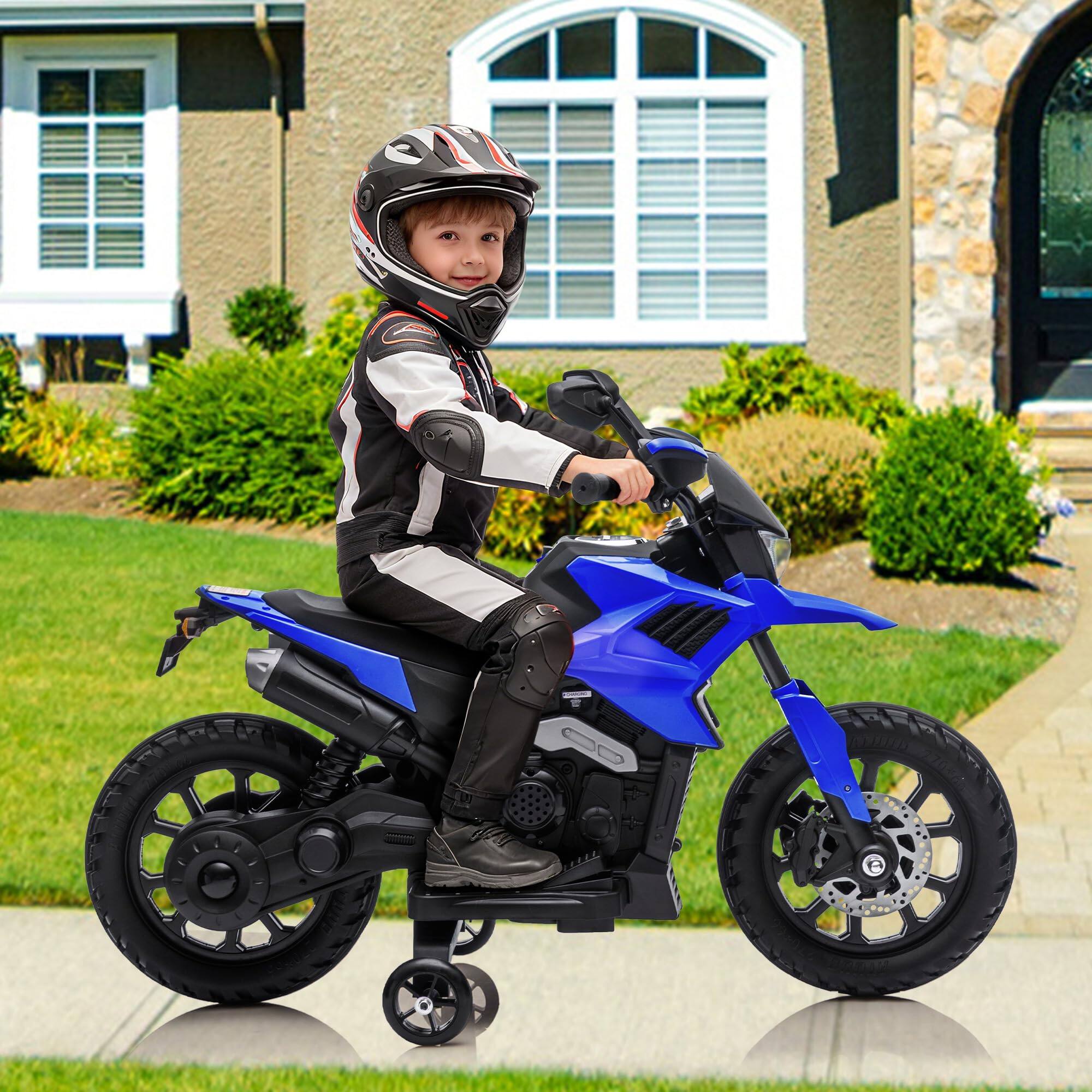 Angle. Jojoka - 6v Electric Dirt Bike, Kids Ride on Motorcycle with Traning Wheels, 2-5mph Adjustabled Speed - Blue.