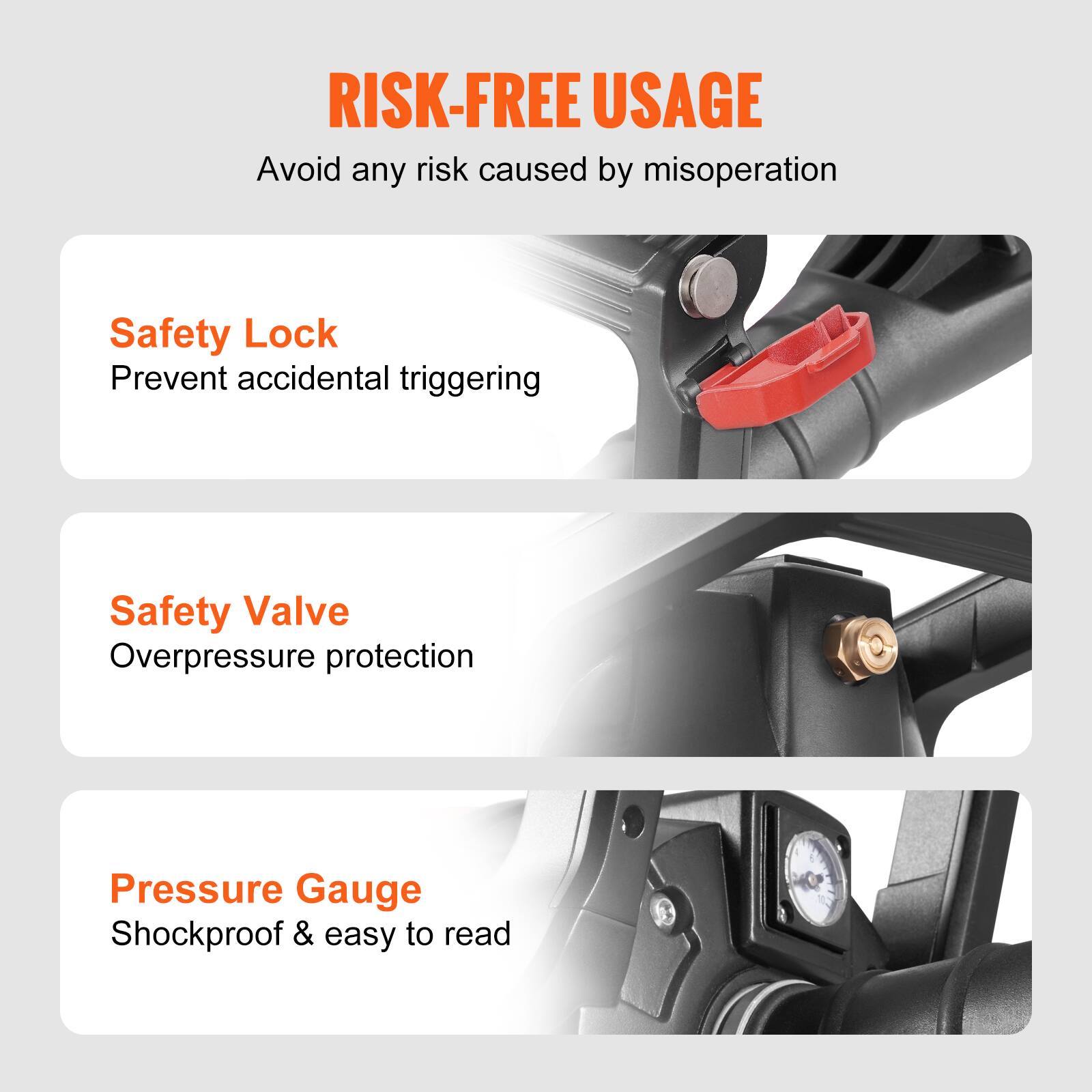 RISK-FREE USAGE  
Avoid any risk caused by misoperation  

Safety Lock  
Prevent accidental triggering  

Safety Valve  
Overpressure protection  

Pressure Gauge  
Shockproof & easy to read