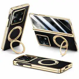 Dteck - For Motorola Razr Fold (2026) Luxury Plated Ring Stand Magnetic Case Hinge Protection Cover+Built-in Screen Protector - Black-Privacy Screen