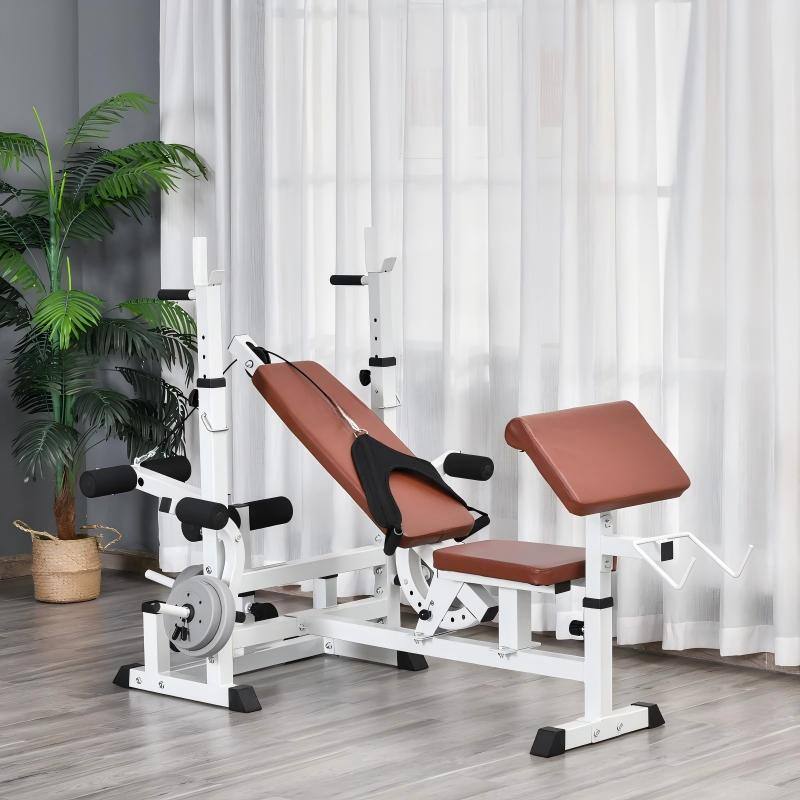 Back. SKONYON - Multi-Exercise Weight Bench and Rack with Leg Extension - White+Brown.