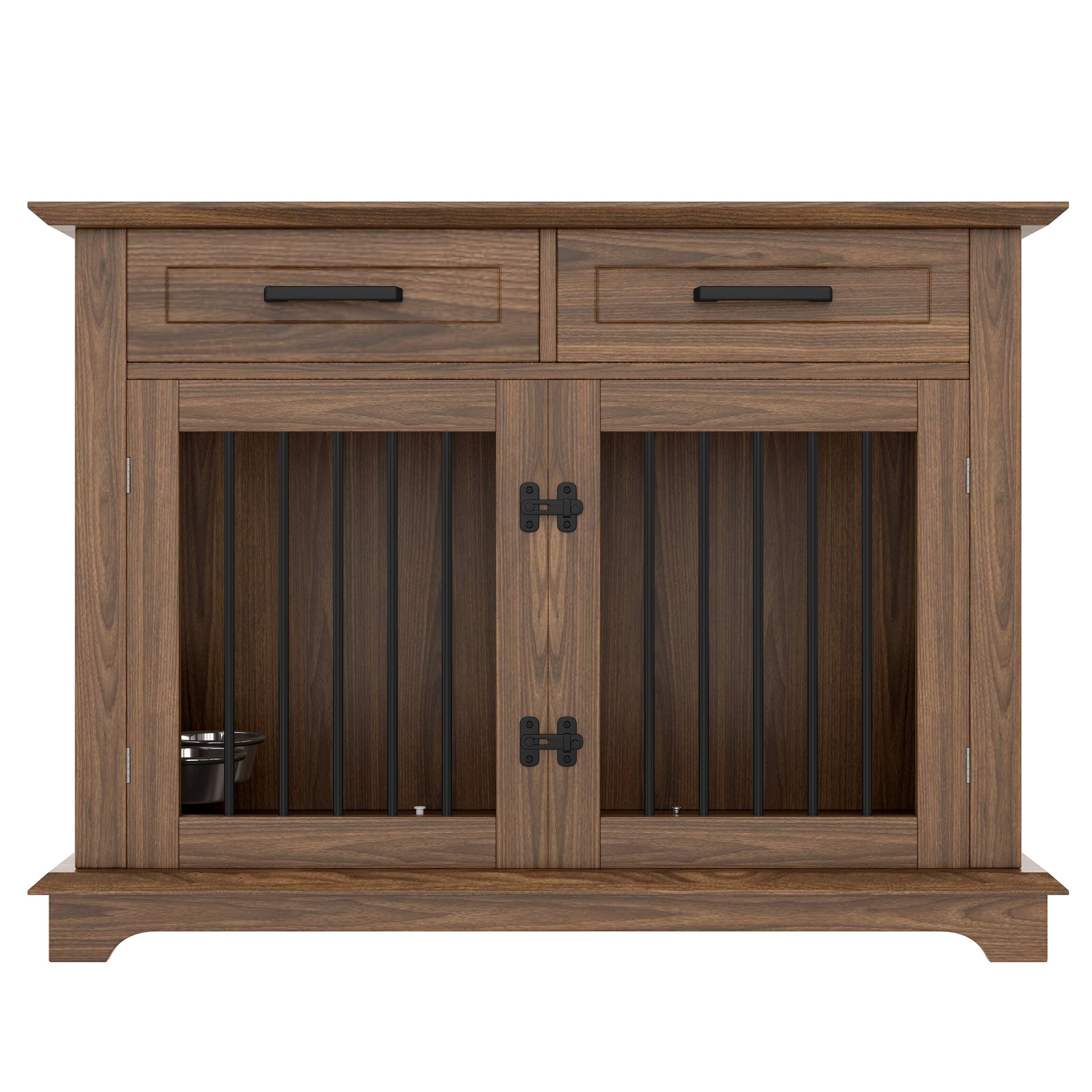 Front. Runesay - 44.48in Brown Large Indoor Wooden Dog Crate Kennel Furniture House End Table with 2 Storage Drawers.