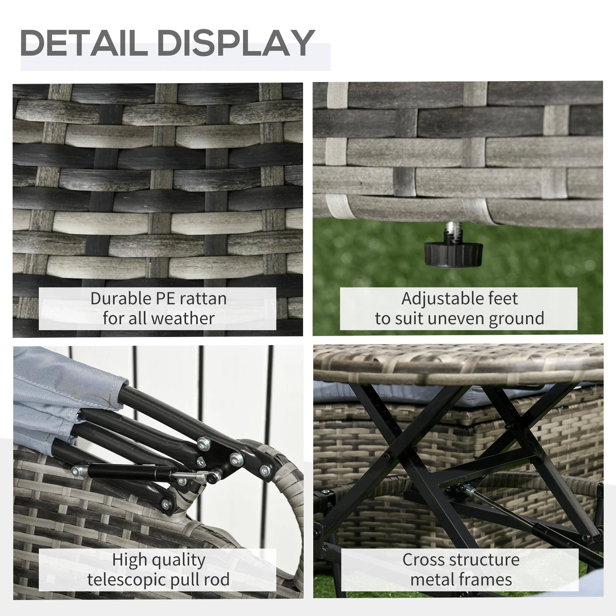 DETAIL DISPLAY

Durable PE rattan for all weather

Adjustable feet to suit uneven ground

High quality telescopic pull rod

Cross structure metal frames