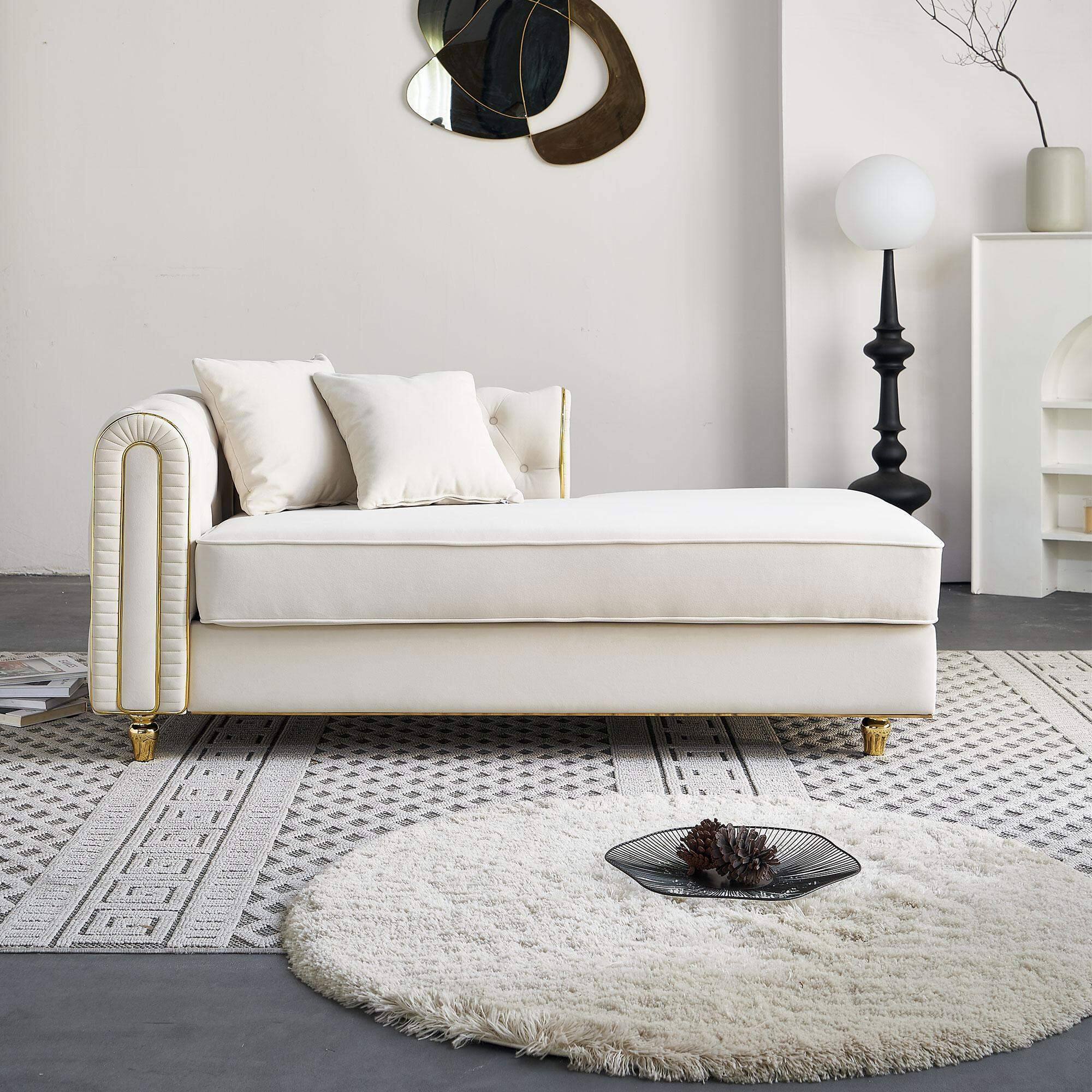 Alt View 1. Roomtec - 66.9W Velvet Chaise LoungeLuxury Modern Chaise FurnitureTufted Back with 2pcs toss pillows for Living - Beige.