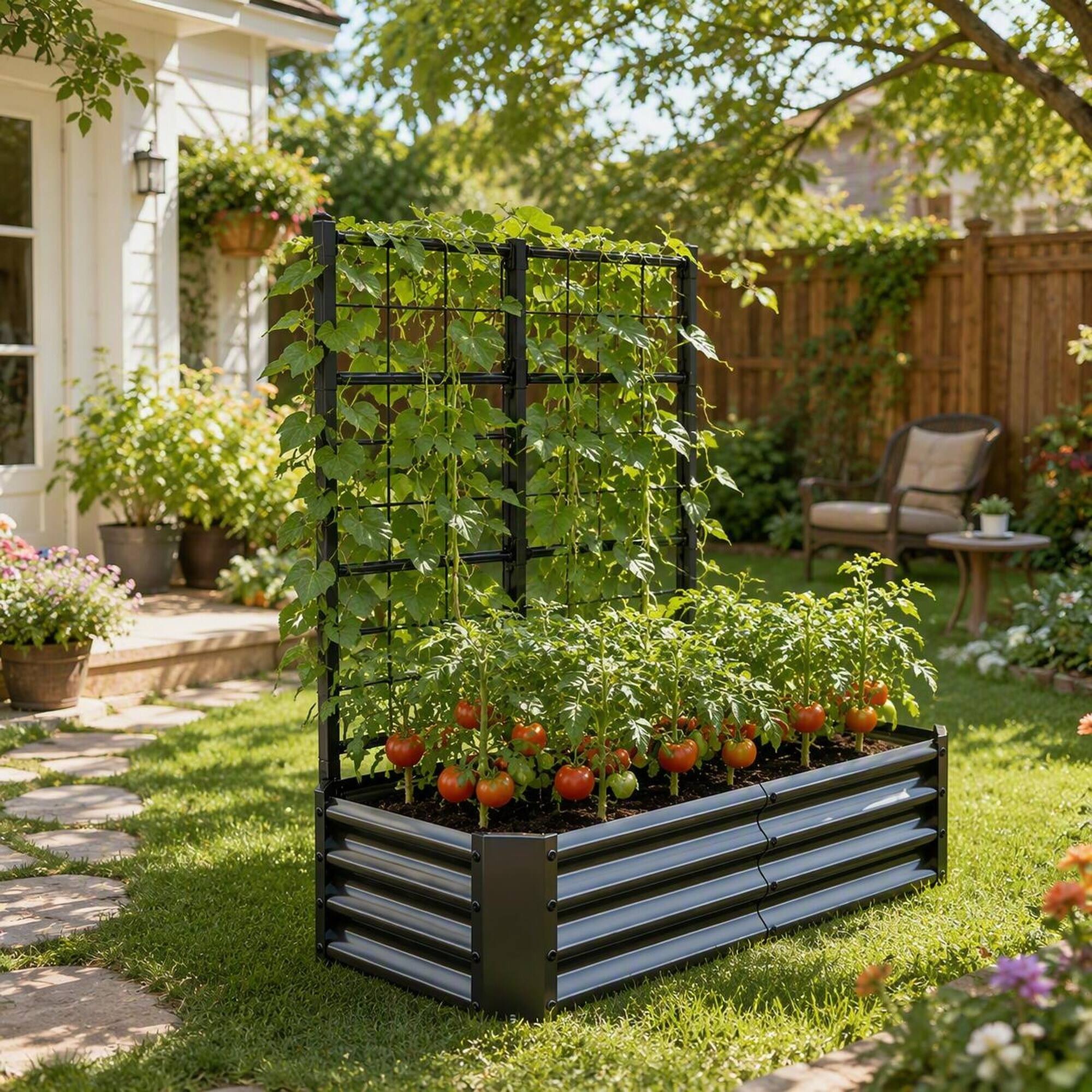 Alt View 2. RYHNUYNE - Galvanized Metal Raised Garden Bed 4x2x1FT with Arch Trellis for Climbing Plants, Heavy Duty Outdoor Planter Box - Black.